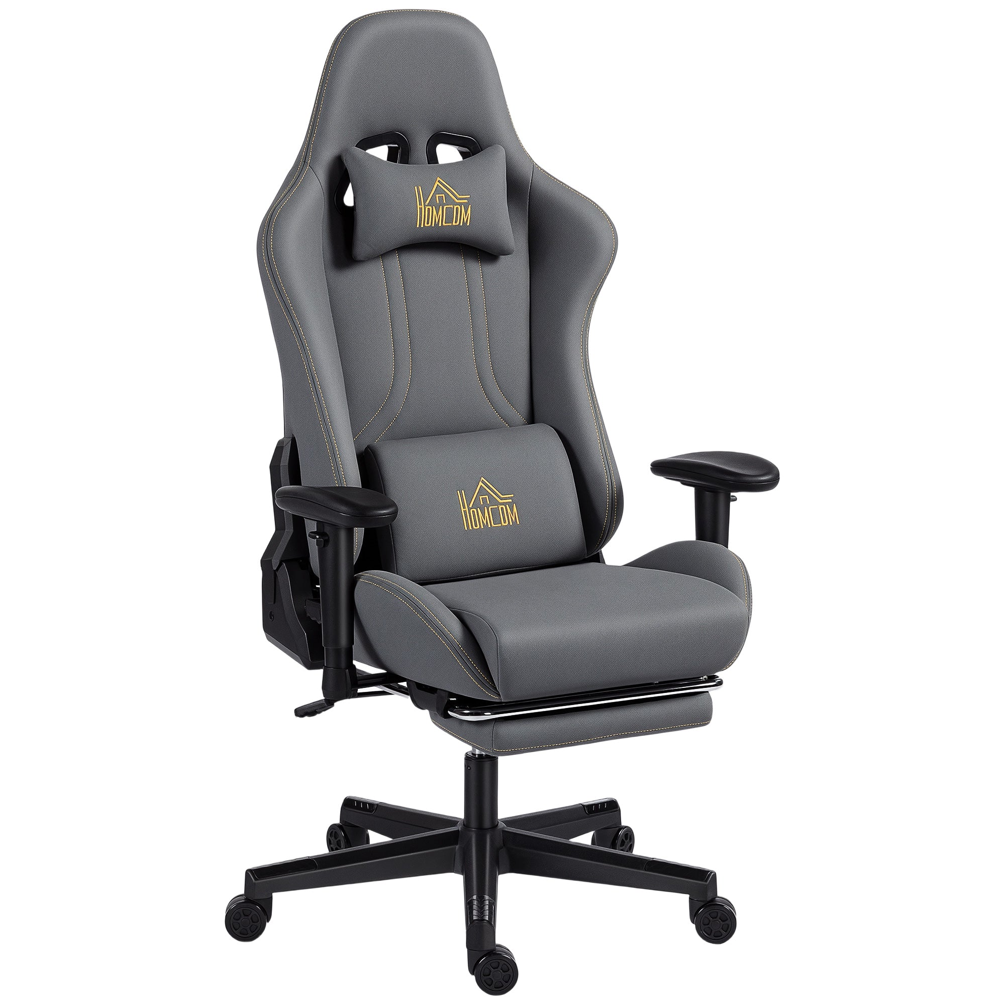 Chaise gaming ergonomique avec accoudoirs réglables, fauteuil gamer en suède avec dossier inclinable, hauteur réglable, repose-pieds, appui-tête, soutien lombaire et pivotant à 360°, gris