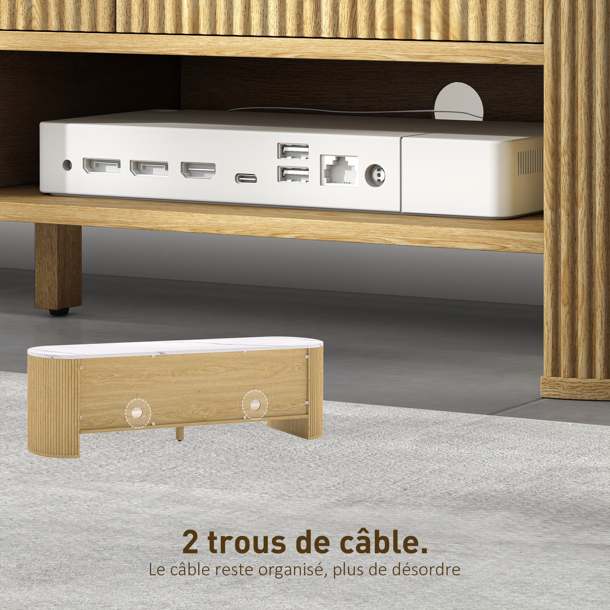 Meuble TV 140 cm, meuble télé pour téléviseur 32-65 pouces effet marbre avec 3 tiroirs façades à cannelures, 2 étagères ouvertes et 2 trous pour câbles, banc TV moderne, effet bois naturel
