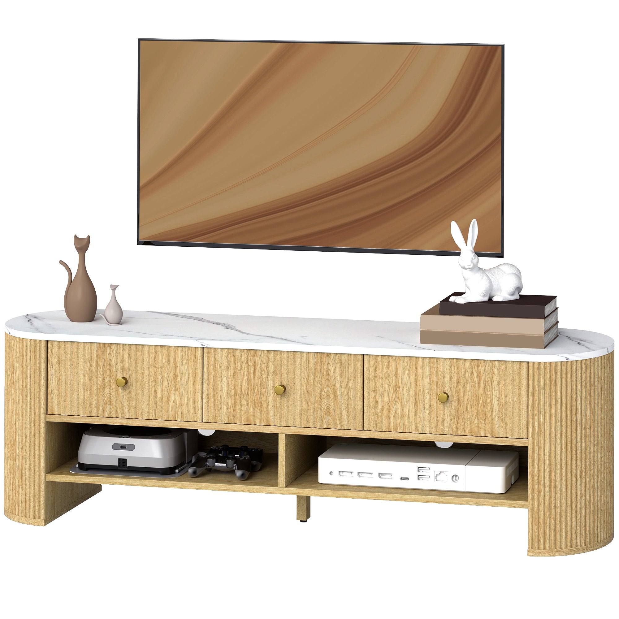 Meuble TV 140 cm, meuble télé pour téléviseur 32-65 pouces effet marbre avec 3 tiroirs façades à cannelures, 2 étagères ouvertes et 2 trous pour câbles, banc TV moderne, effet bois naturel