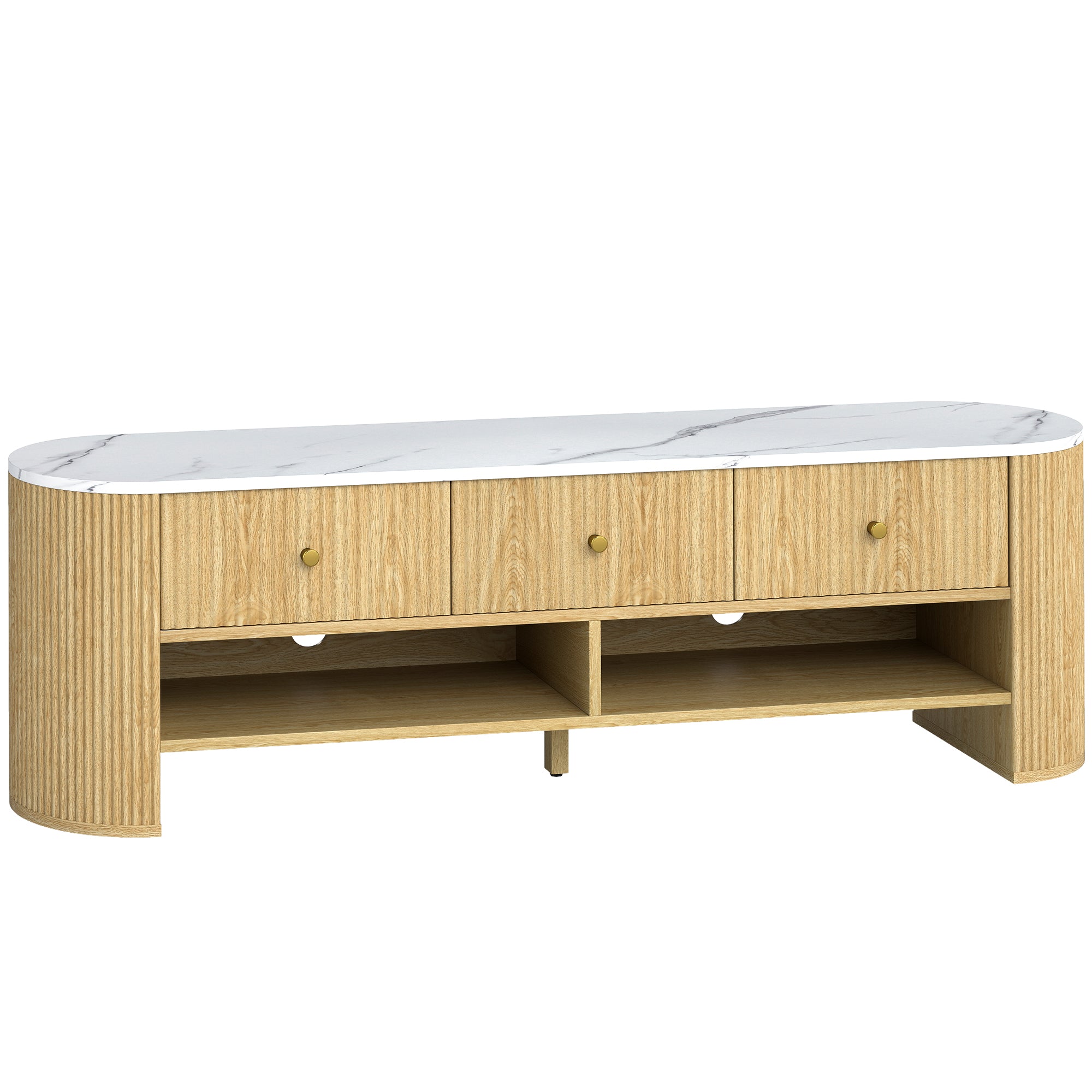 Meuble TV 140 cm, meuble télé pour téléviseur 32-65 pouces effet marbre avec 3 tiroirs façades à cannelures, 2 étagères ouvertes et 2 trous pour câbles, banc TV moderne, effet bois naturel