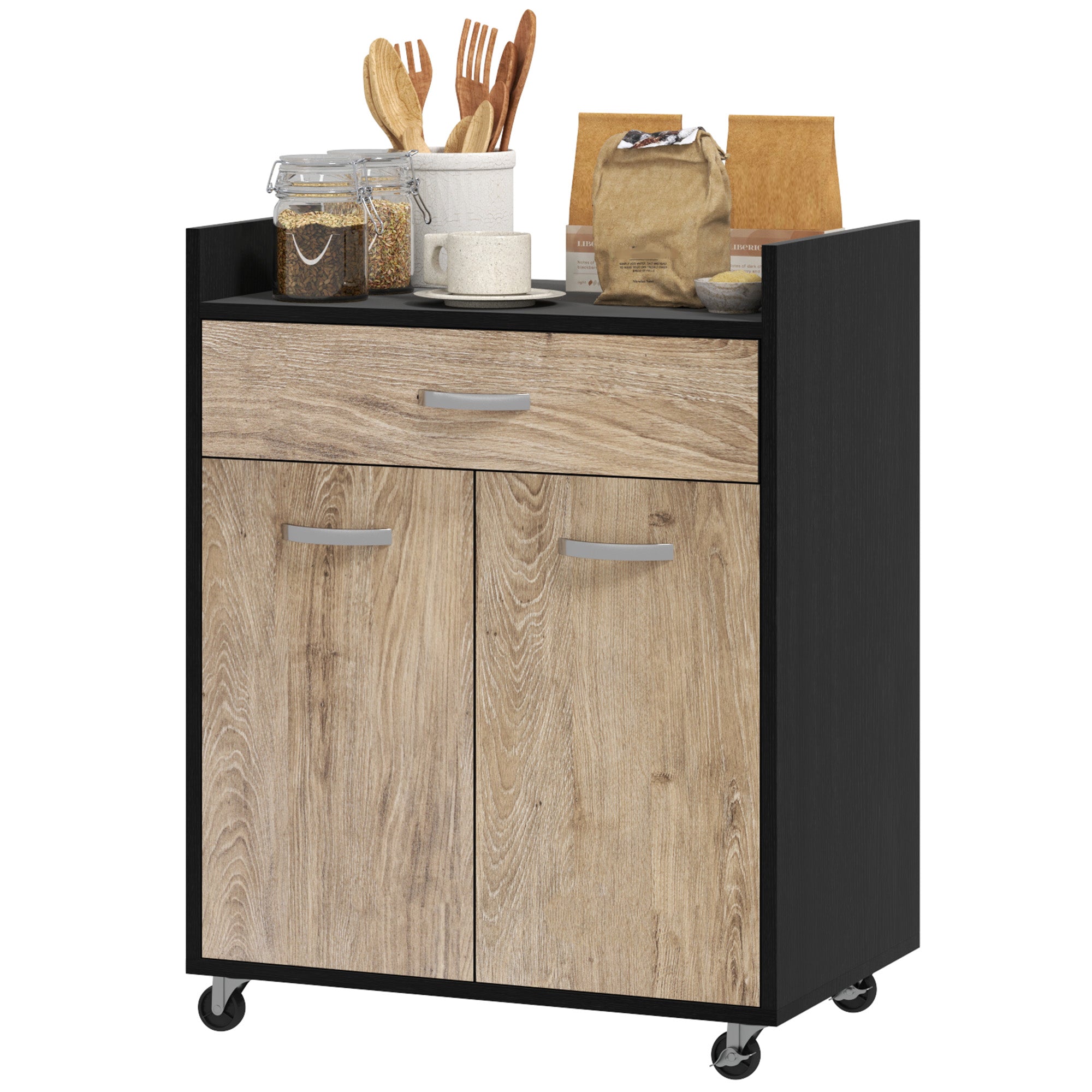 Chariot de service desserte de cuisine à roulettes tiroir placard 2 portes étagère en bois gris effet bois, noir