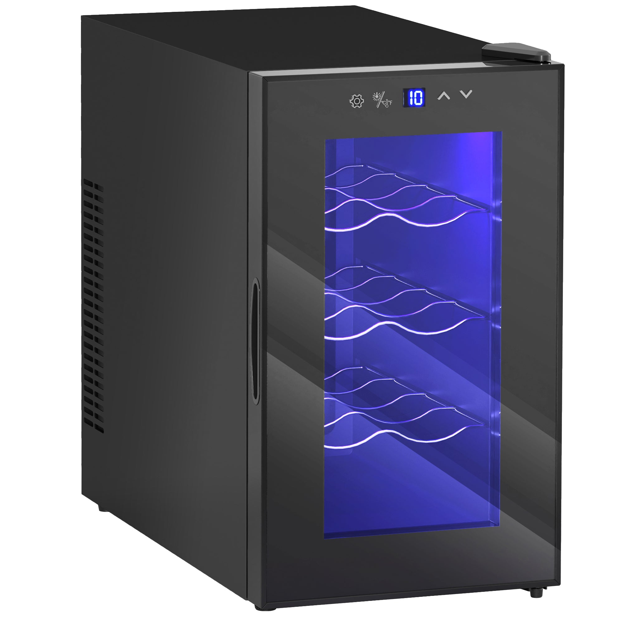 Cave à Vin 8 Bouteilles 21L, Réfrigérateur à Vin et Boissons avec Température Réglable 8-18°C, Porte en Verre Trempé Anti-UV, Étagères Ajustables, Écran Tactile, Éclairage LED, Noir