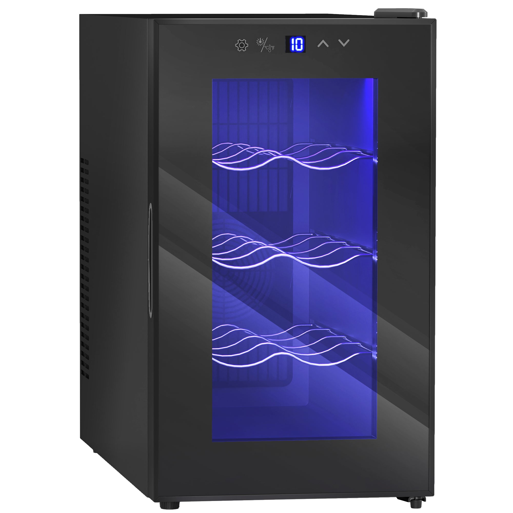 Cave à Vin 8 Bouteilles 21L, Réfrigérateur à Vin et Boissons avec Température Réglable 8-18°C, Porte en Verre Trempé Anti-UV, Étagères Ajustables, Écran Tactile, Éclairage LED, Noir
