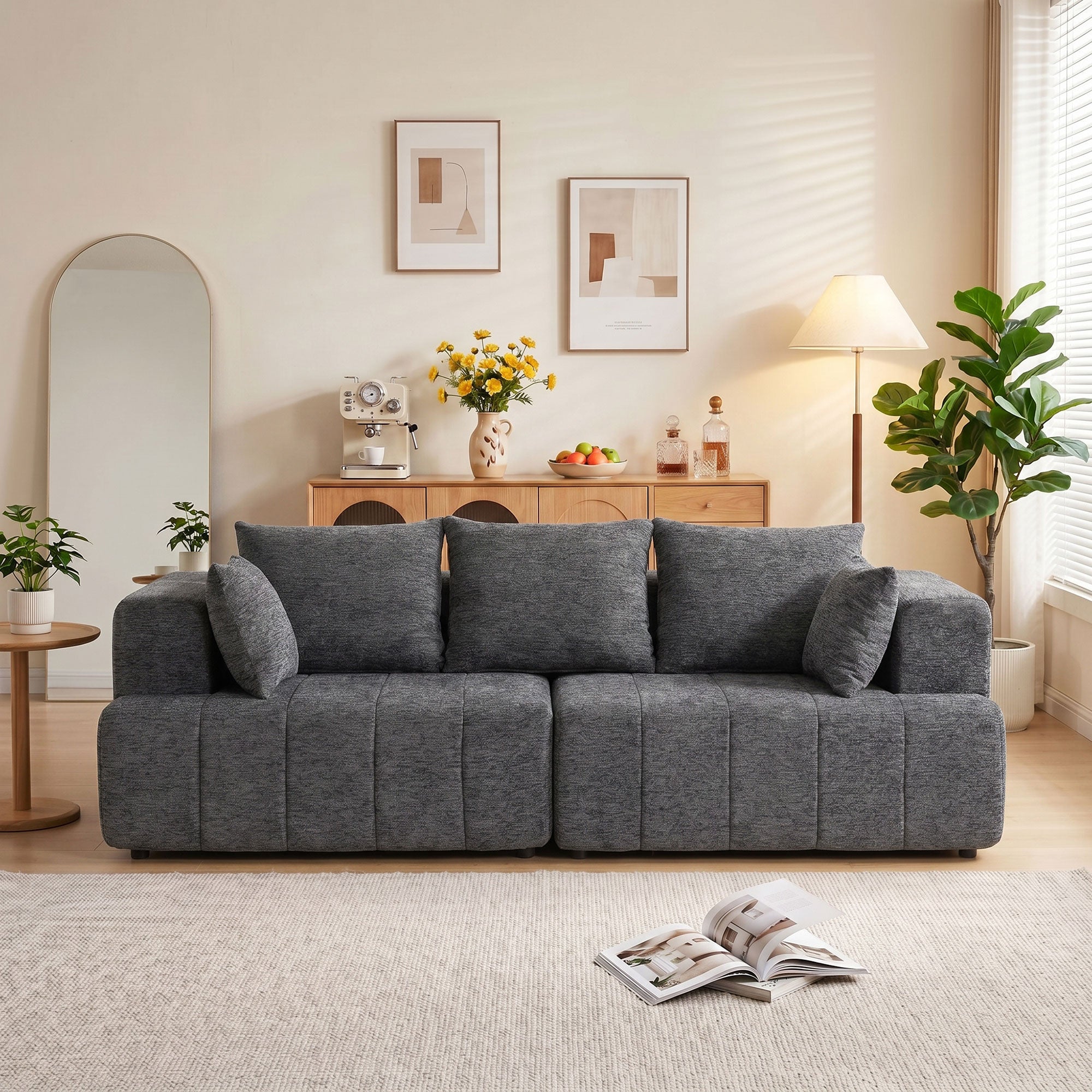 Canapé 3 places en chenille 248 cm, canapé salon moderne, large assise rembourrée, coussins à ressorts, larges accoudoirs, 2 coussins, base antidérapante, pour salon, chambre, gris