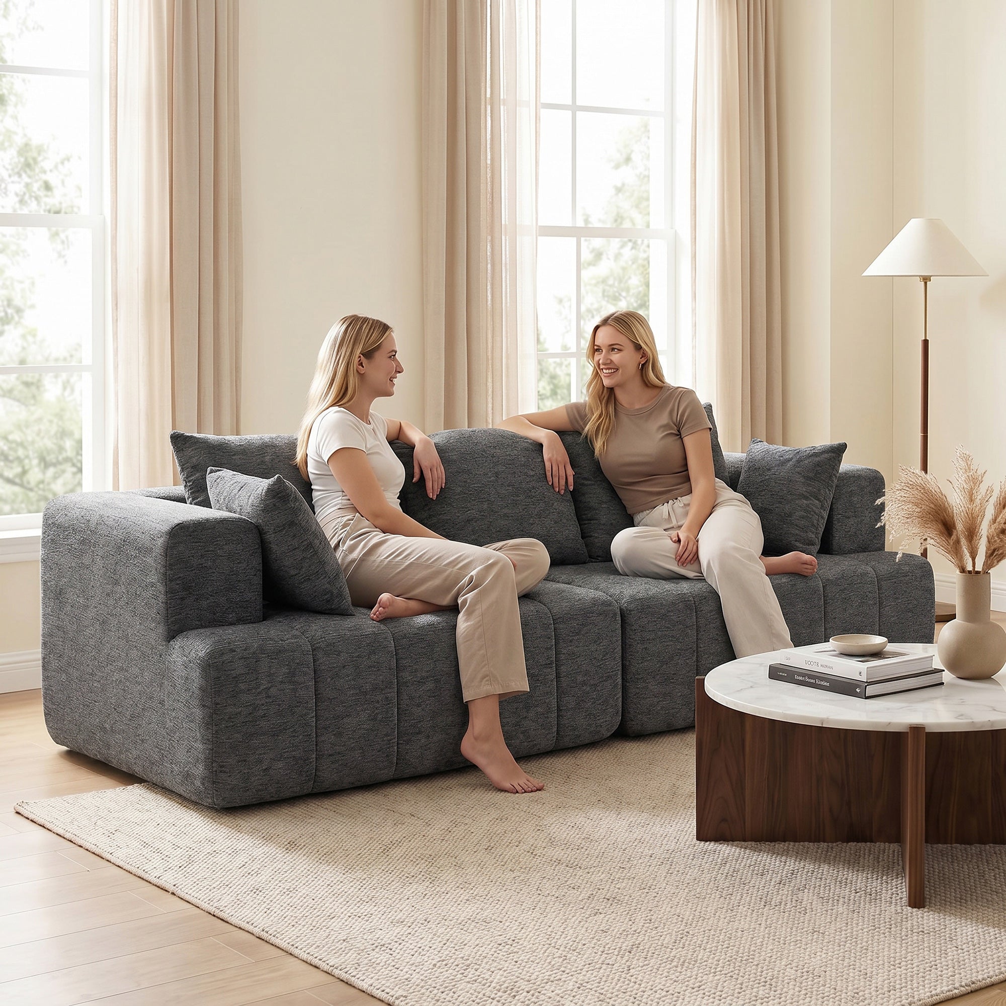 Canapé 3 places en chenille 248 cm, canapé salon moderne, large assise rembourrée, coussins à ressorts, larges accoudoirs, 2 coussins, base antidérapante, pour salon, chambre, gris