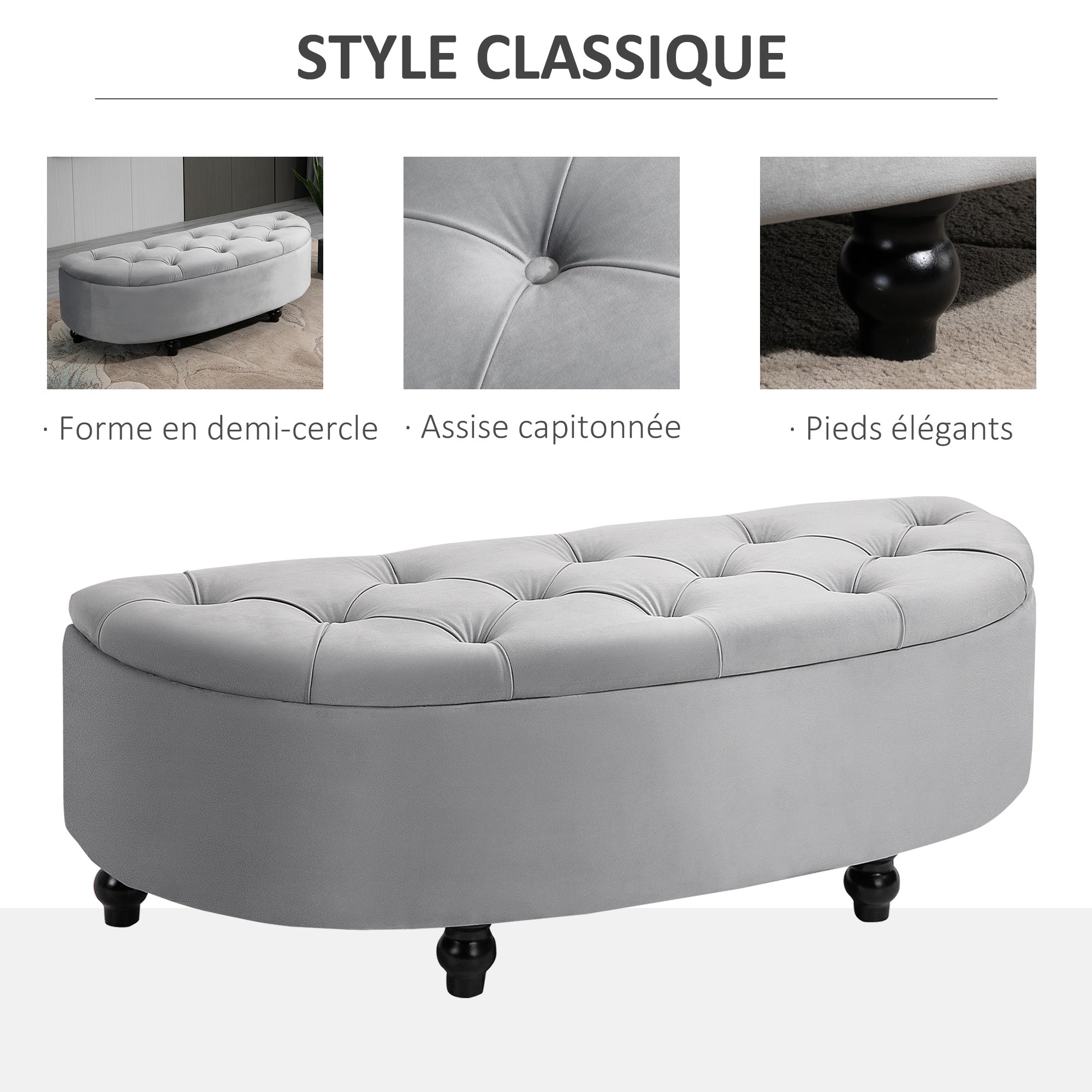 Banc de rangement, coffre de rangement design capitonné demi-cercle bout de lit avec revêtement velours, pieds en bois d'hévéa, pour salon, chambre, entrée, 120 x 46 x 42 cm, gris