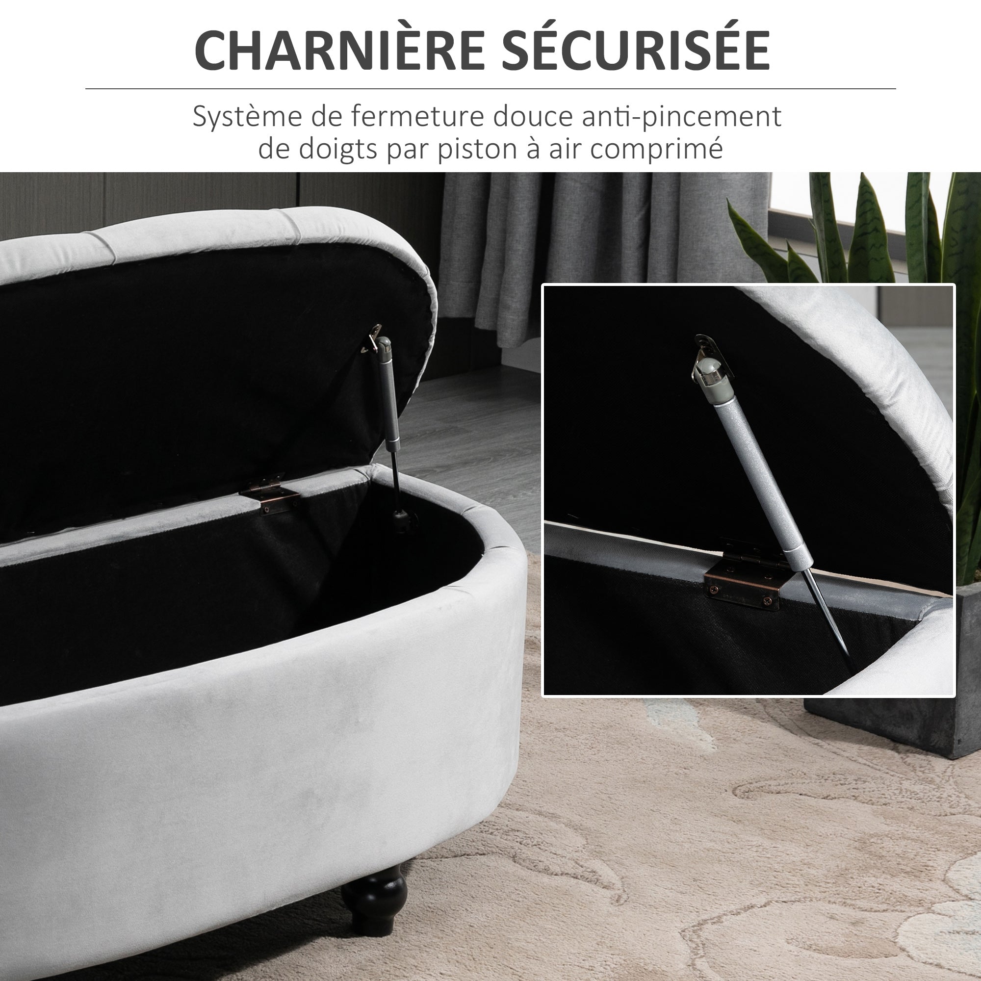 Banc de rangement, coffre de rangement design capitonné demi-cercle bout de lit avec revêtement velours, pieds en bois d'hévéa, pour salon, chambre, entrée, 120 x 46 x 42 cm, gris