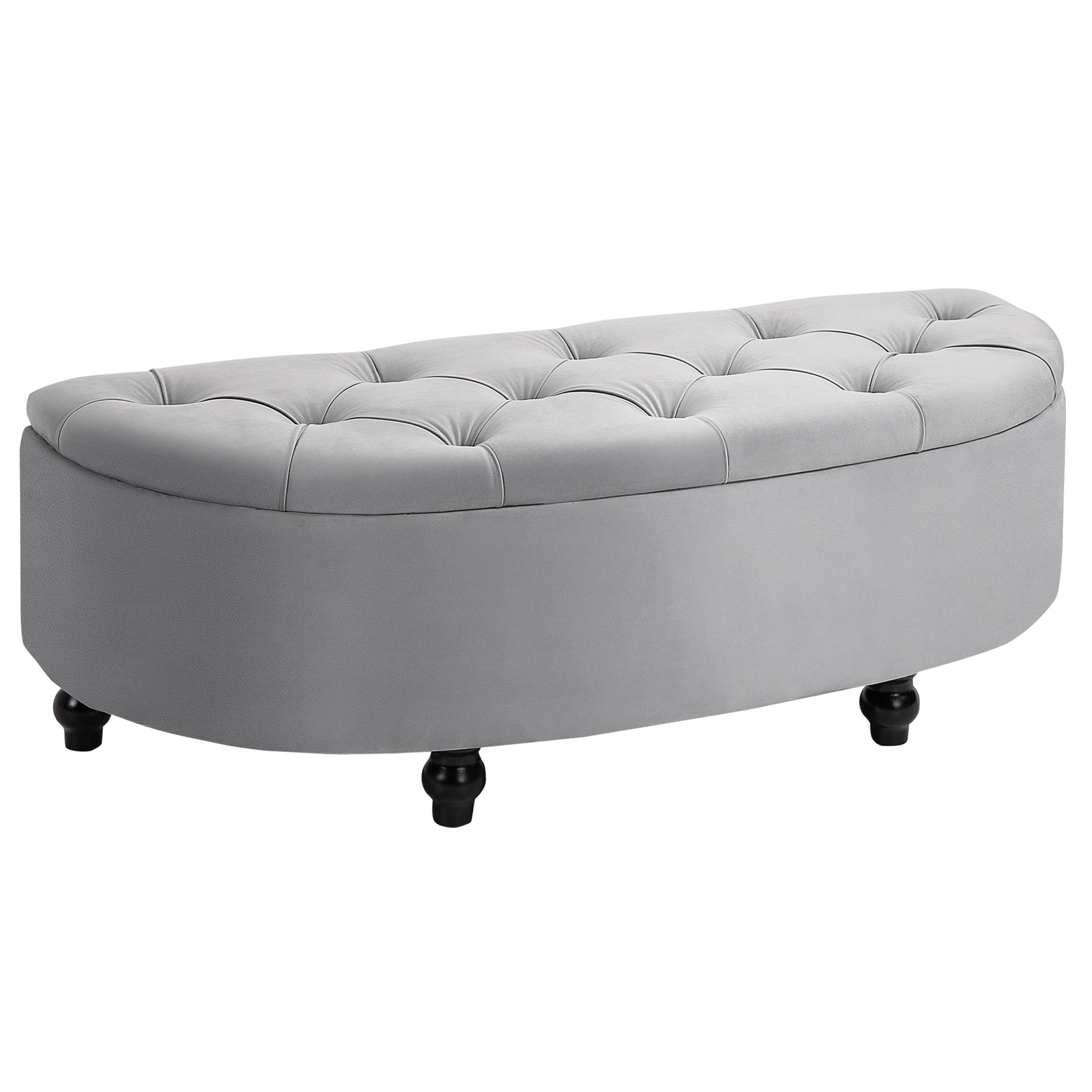 Banc de rangement, coffre de rangement design capitonné demi-cercle bout de lit avec revêtement velours, pieds en bois d'hévéa, pour salon, chambre, entrée, 120 x 46 x 42 cm, gris