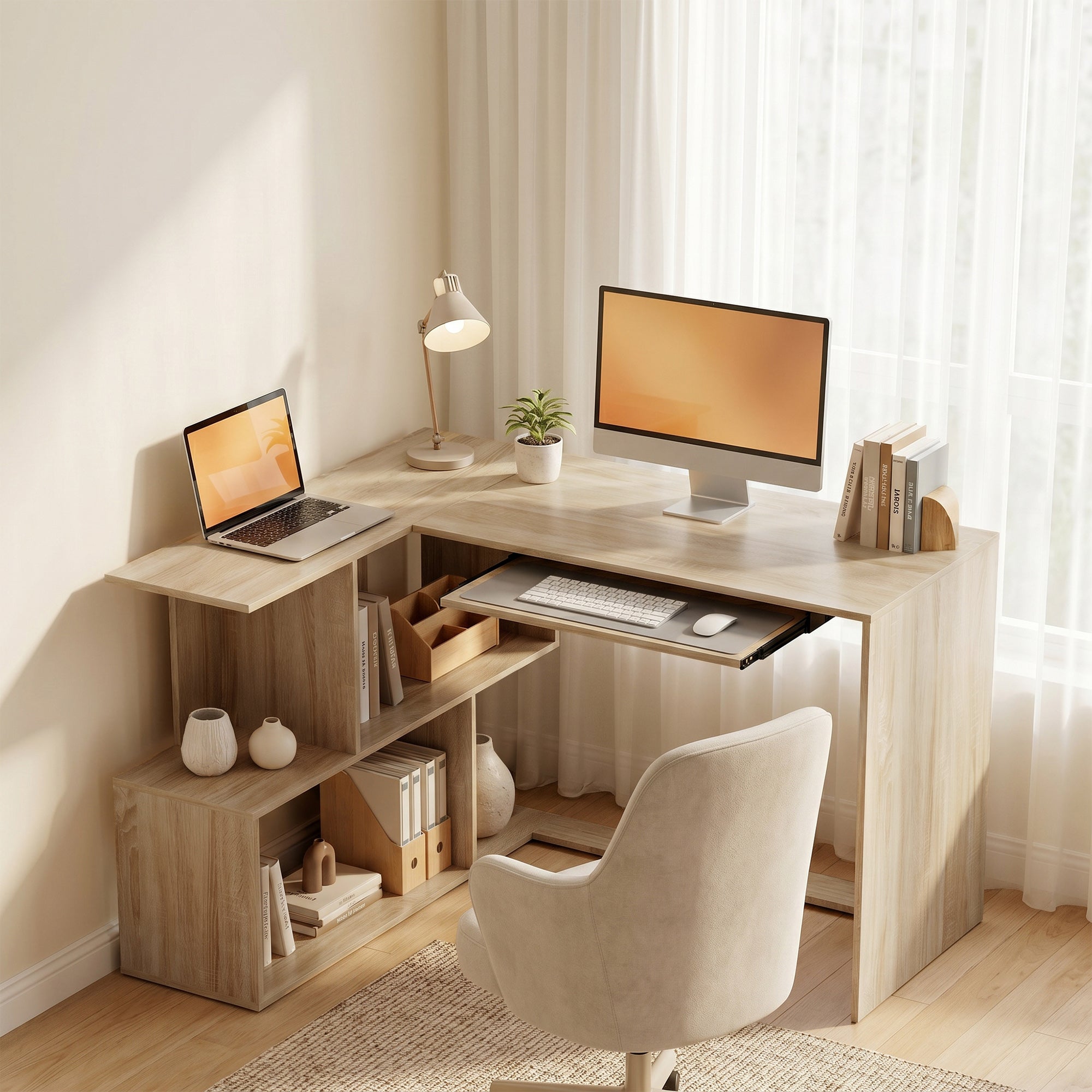 Bureau d'Angle, 120 x 100 x 76 cm, Bureau Informatique en L avec Plateau de Clavier, 4 Compartiments Ouverts, Style Moderne, Table de Travail pour Domicile, Chambre, Petit Espace, Bois Naturel