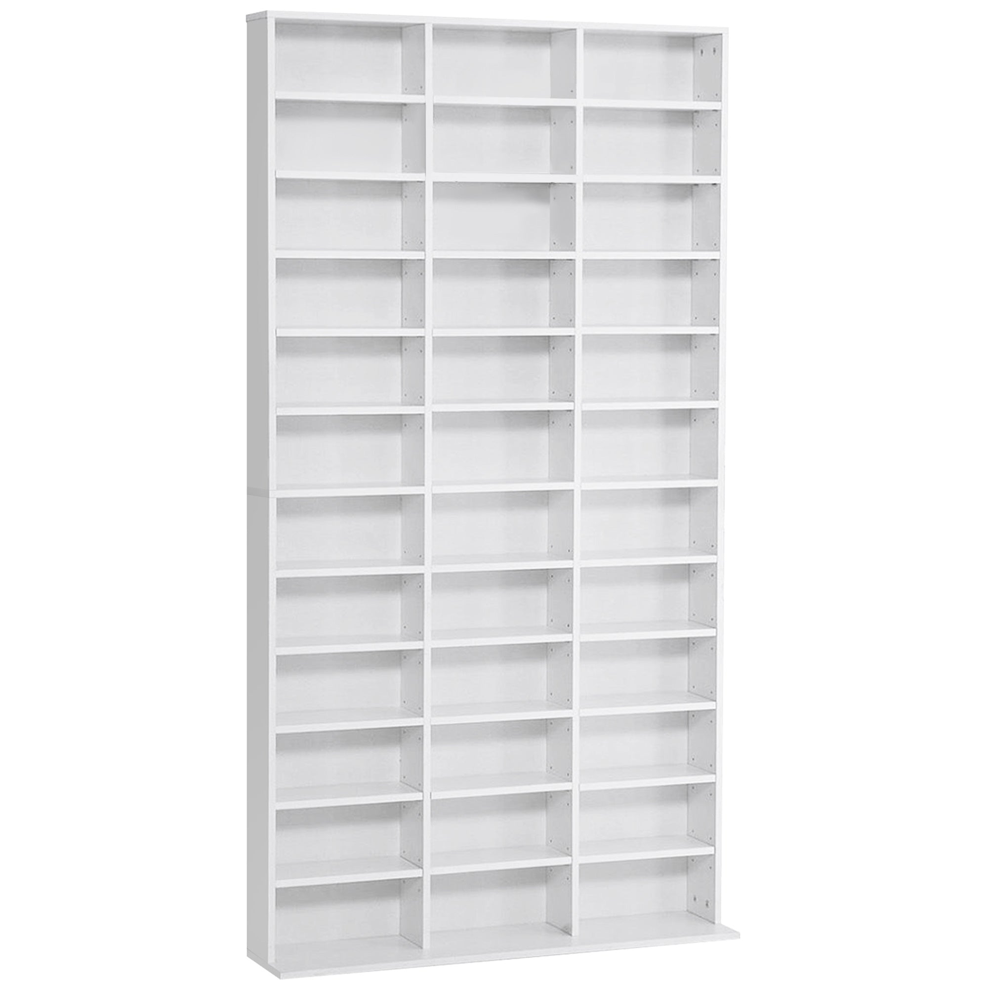 Rangements pour CD et DVD, étagère rangement, capacité max. 1116 CD/528 DVD, 36 compartiments et étagères réglables, pour bureau, salon, chambre, 102 x 23,5 x 195 cm, blanc