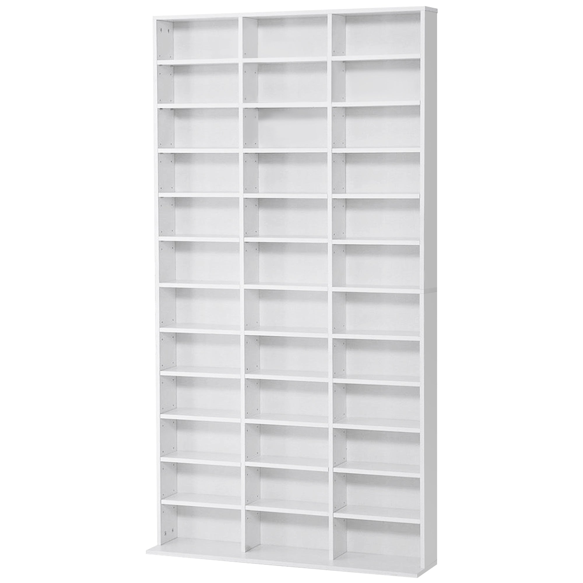 Rangements pour CD et DVD, étagère rangement, capacité max. 1116 CD/528 DVD, 36 compartiments et étagères réglables, pour bureau, salon, chambre, 102 x 23,5 x 195 cm, blanc