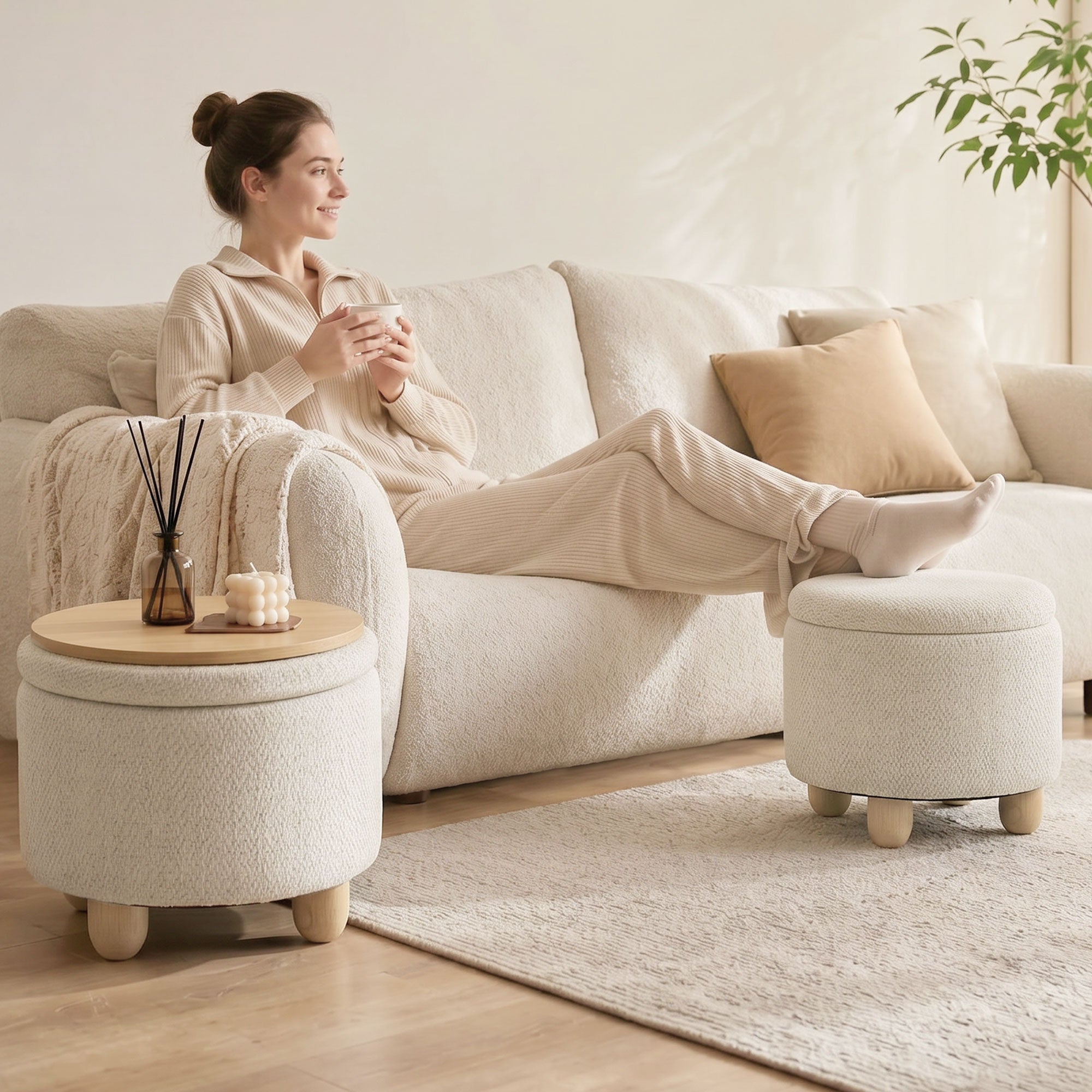 Pouf Coffre de Rangement Rond en Toile de Jute, Repose-pieds avec Couvercle, Pieds Bois Hévéa, Tabouret de Rangement pour Chambre, Couloir, Salon, Ø 38,5 x 33,5 cm, Beige