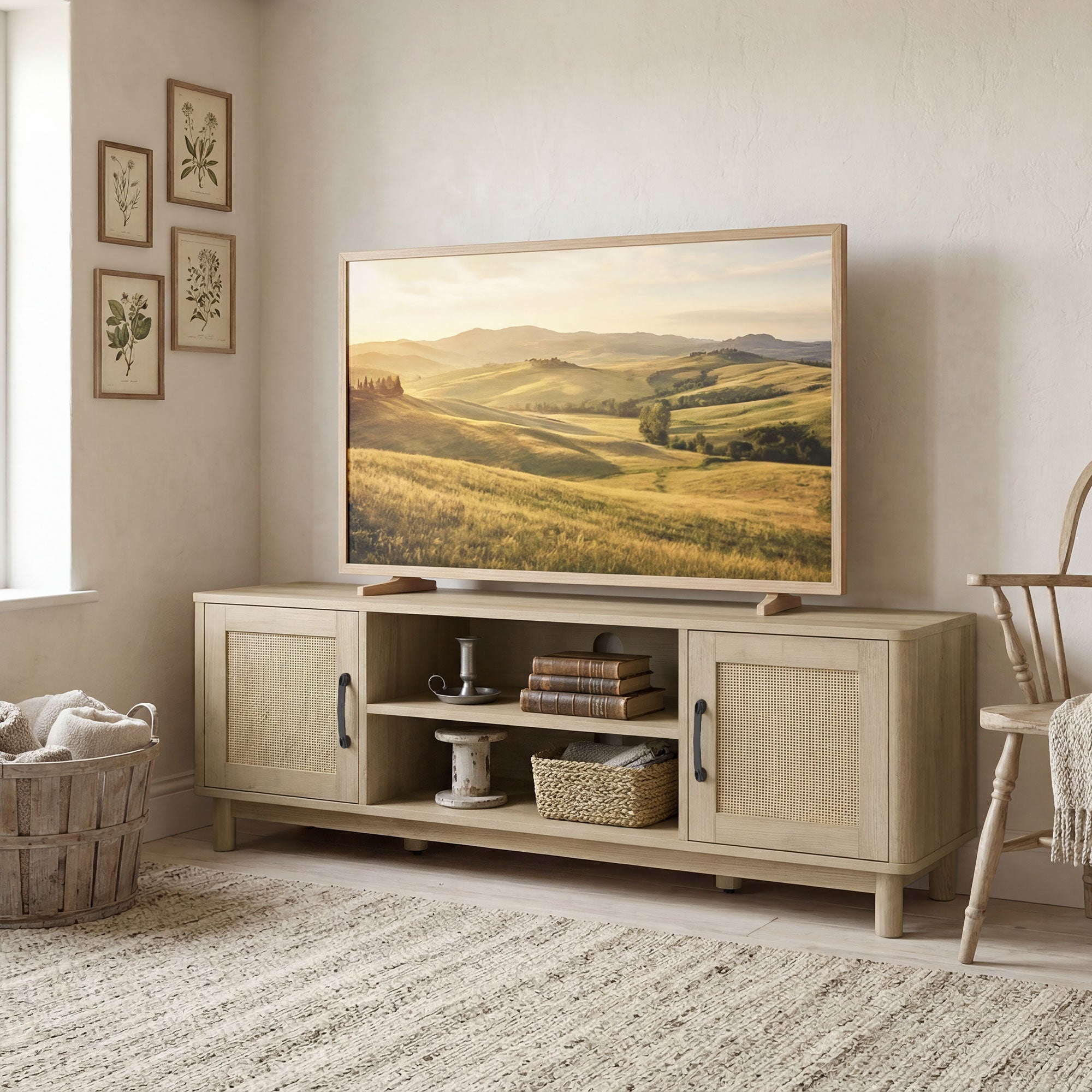Meuble TV 135 cm, meuble télé pour téléviseur jusqu'à 65 pouces avec 2 portes en rotin, 2 compartiments ouverts, style bohème, 6 pieds en bois de pin, banc TV pour salon, chambre, chêne