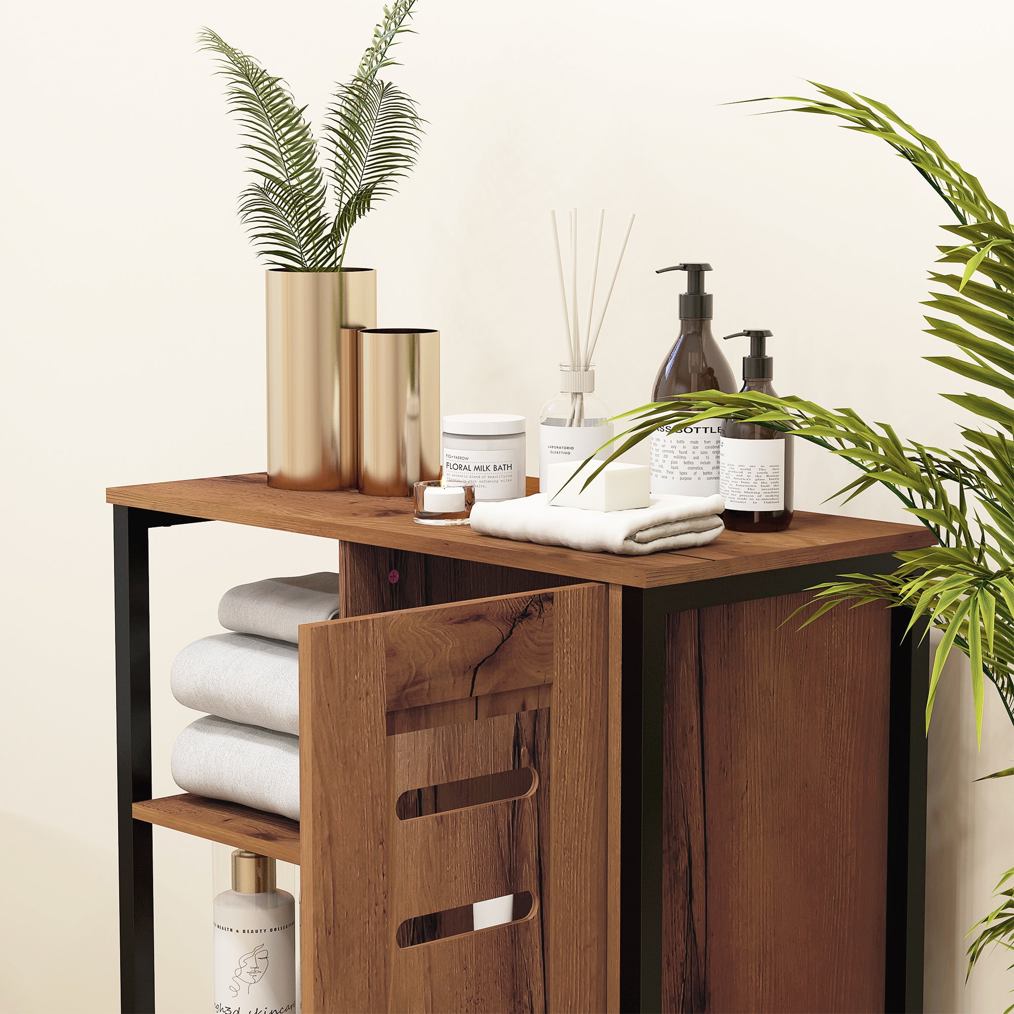 Meuble de salle de bain sur pied, meuble de rangement, design industriel, structure en acier, 3 étagères ouvertes, placard à 2 niveaux, porte à lamelles, 60 x 30 x 85 cm, marron rustique