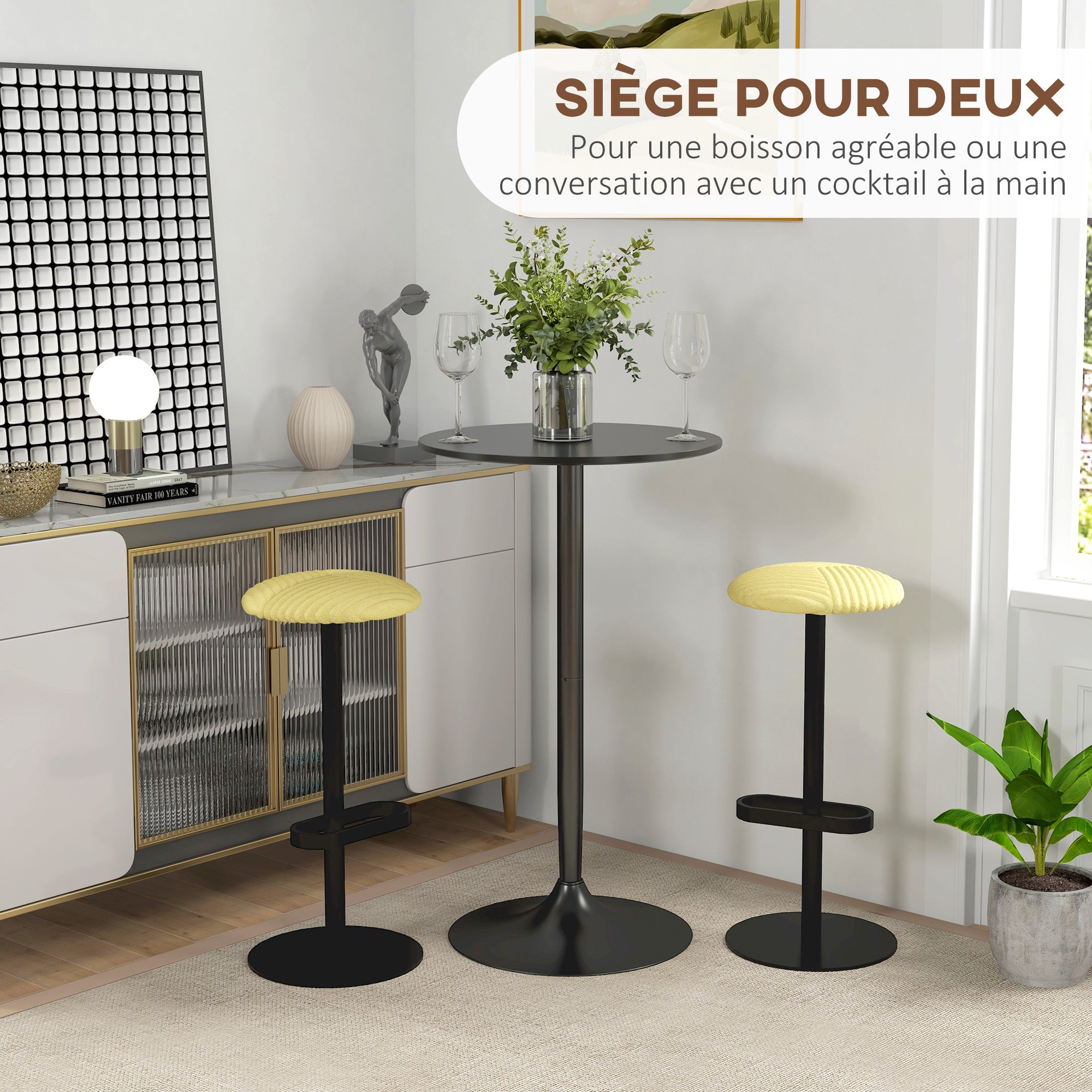 Table de bar ronde table de bistro mange-debout style contemporain avec plateau peint et cadre en acier dim. 60L x 60l x 102H cm noir