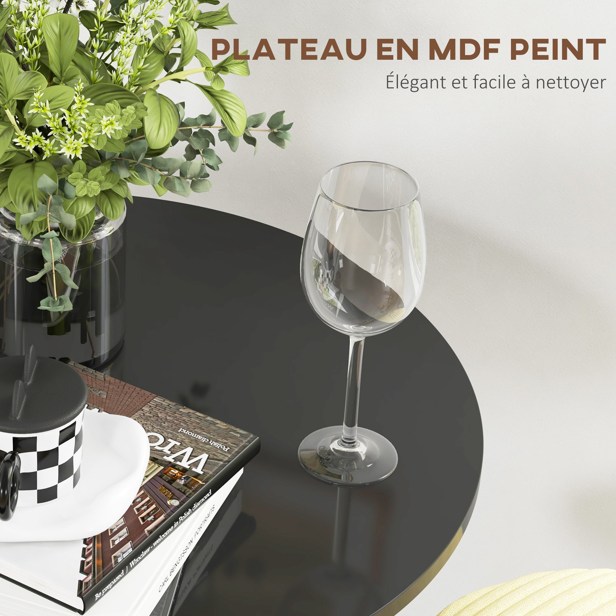 Table de bar ronde table de bistro mange-debout style contemporain avec plateau peint et cadre en acier dim. 60L x 60l x 102H cm noir