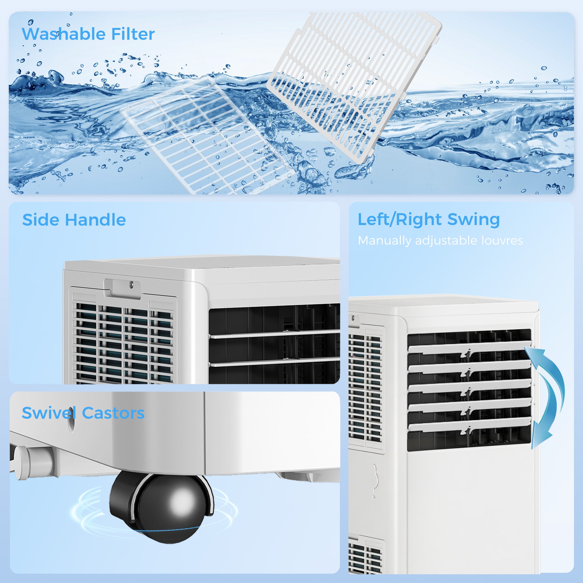 Climatiseur mobile 9000 BTU, climatiseur portable 4 en 1, refroidissement, déshumidificateur, ventilateur, mode nuit, télécommande, minuteur 24H, 2 vitesses, pour pièces 30 m², classe A