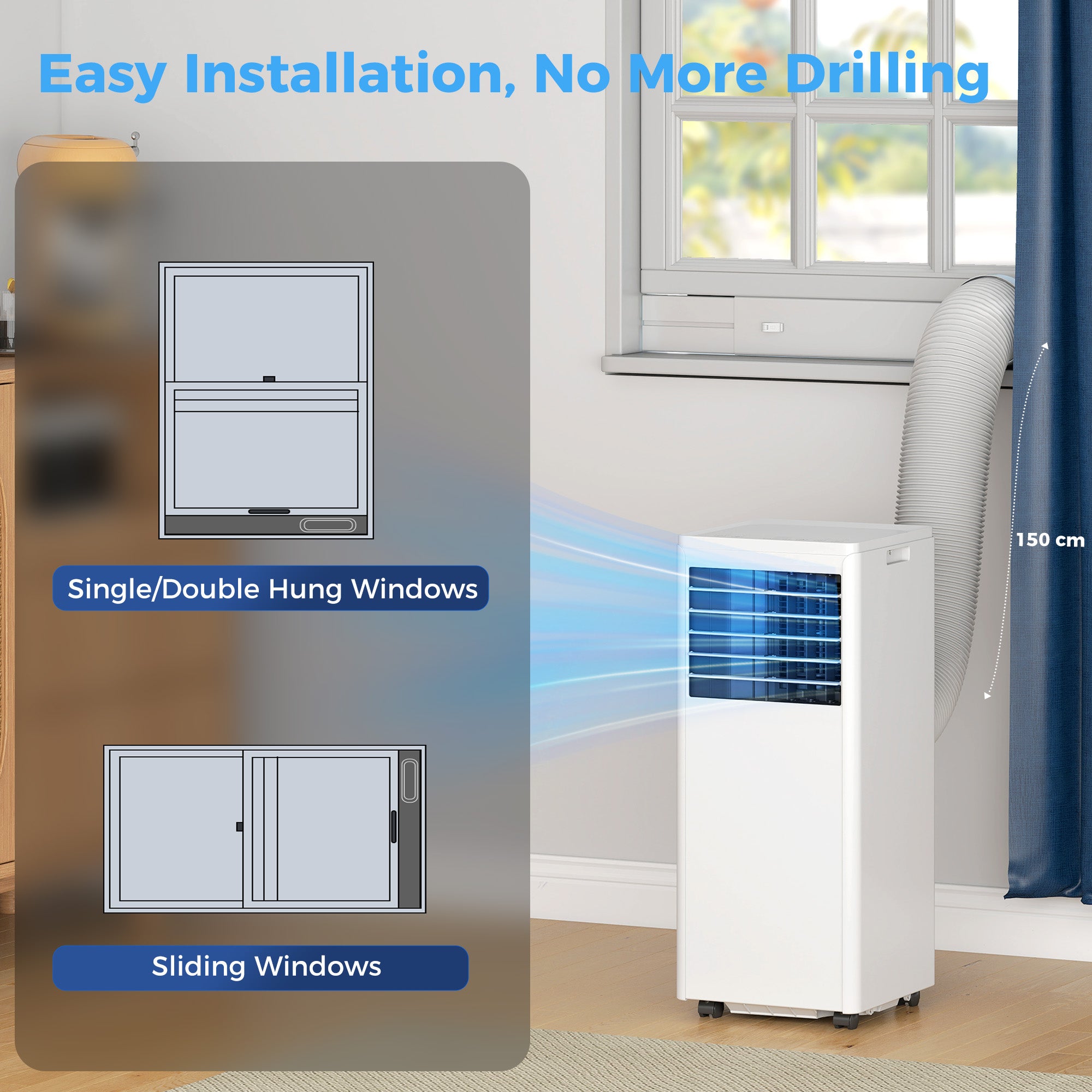 Climatiseur mobile 9000 BTU, climatiseur portable 4 en 1, refroidissement, déshumidificateur, ventilateur, mode nuit, télécommande, minuteur 24H, 2 vitesses, pour pièces 30 m², classe A