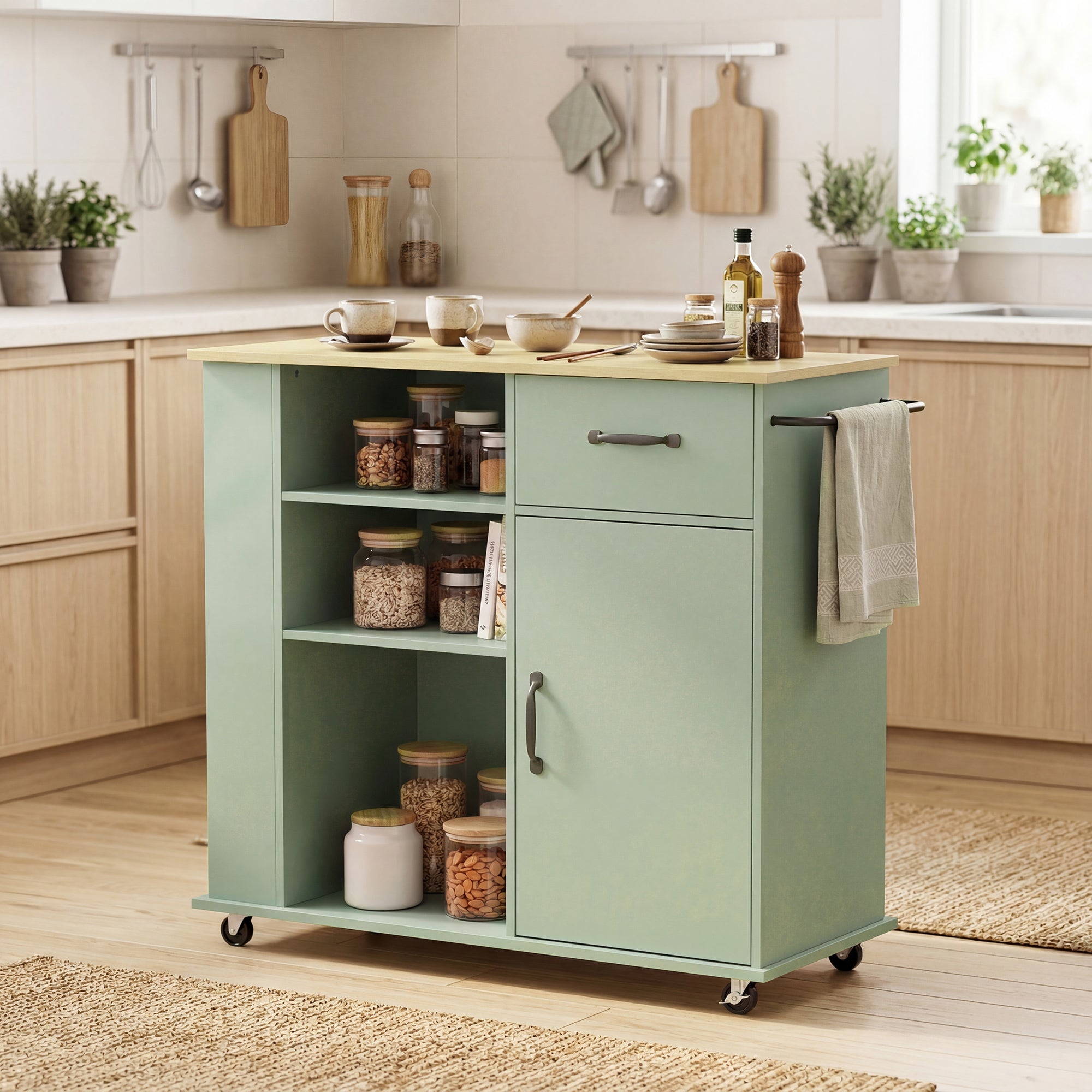 Desserte de cuisine à roulettes, îlot central cuisine avec tiroir, porte, compartiments ouverts, étagère réglable et porte-épices, chariot de rangement pour salle à manger, 96,5x38x87cm, vert