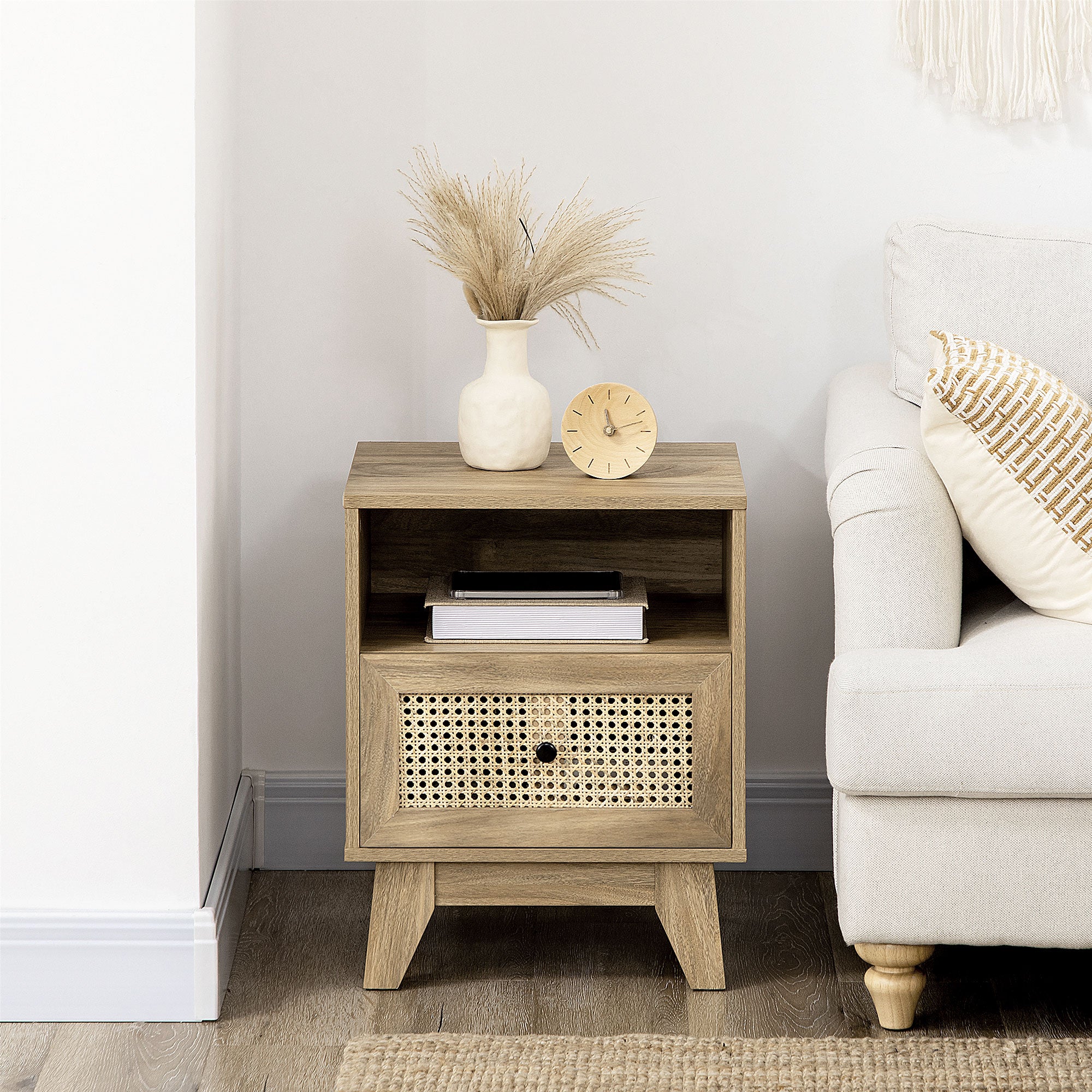 Table de chevet table de nuit meuble de rangement avec tiroir porte cannage et niche design vintage 45 x 39 x 56,5 cm