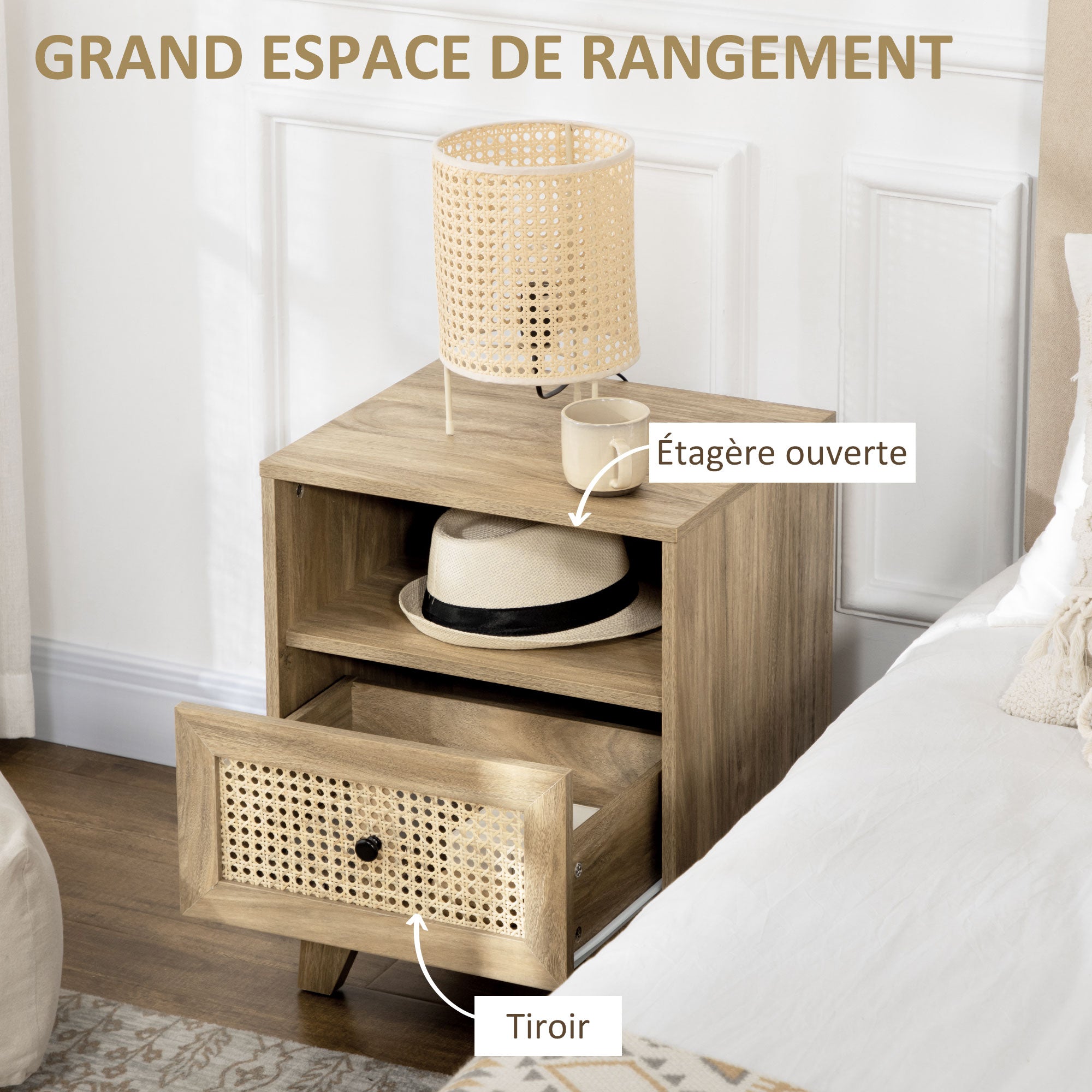 Table de chevet table de nuit meuble de rangement avec tiroir porte cannage et niche design vintage 45 x 39 x 56,5 cm