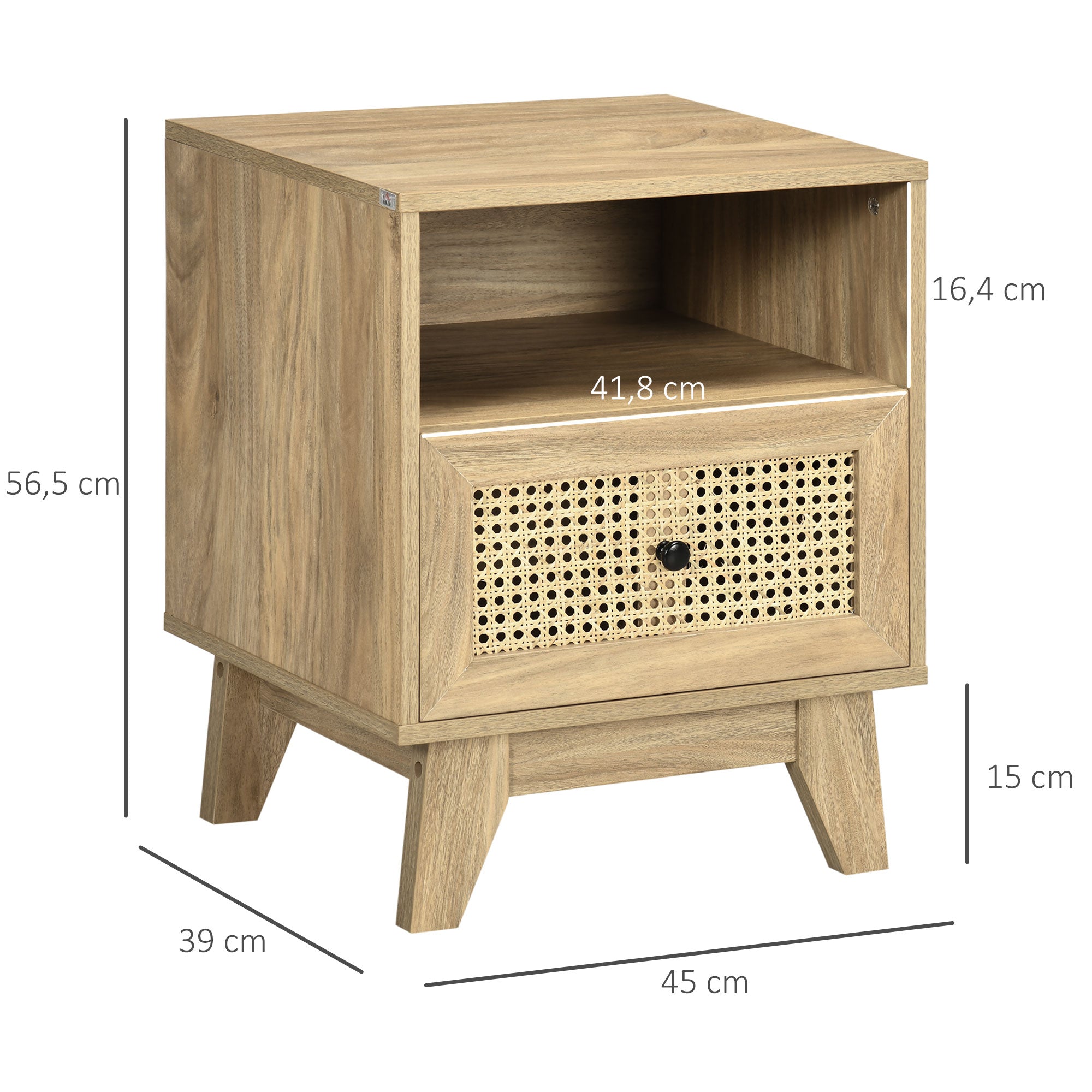 Table de chevet table de nuit meuble de rangement avec tiroir porte cannage et niche design vintage 45 x 39 x 56,5 cm