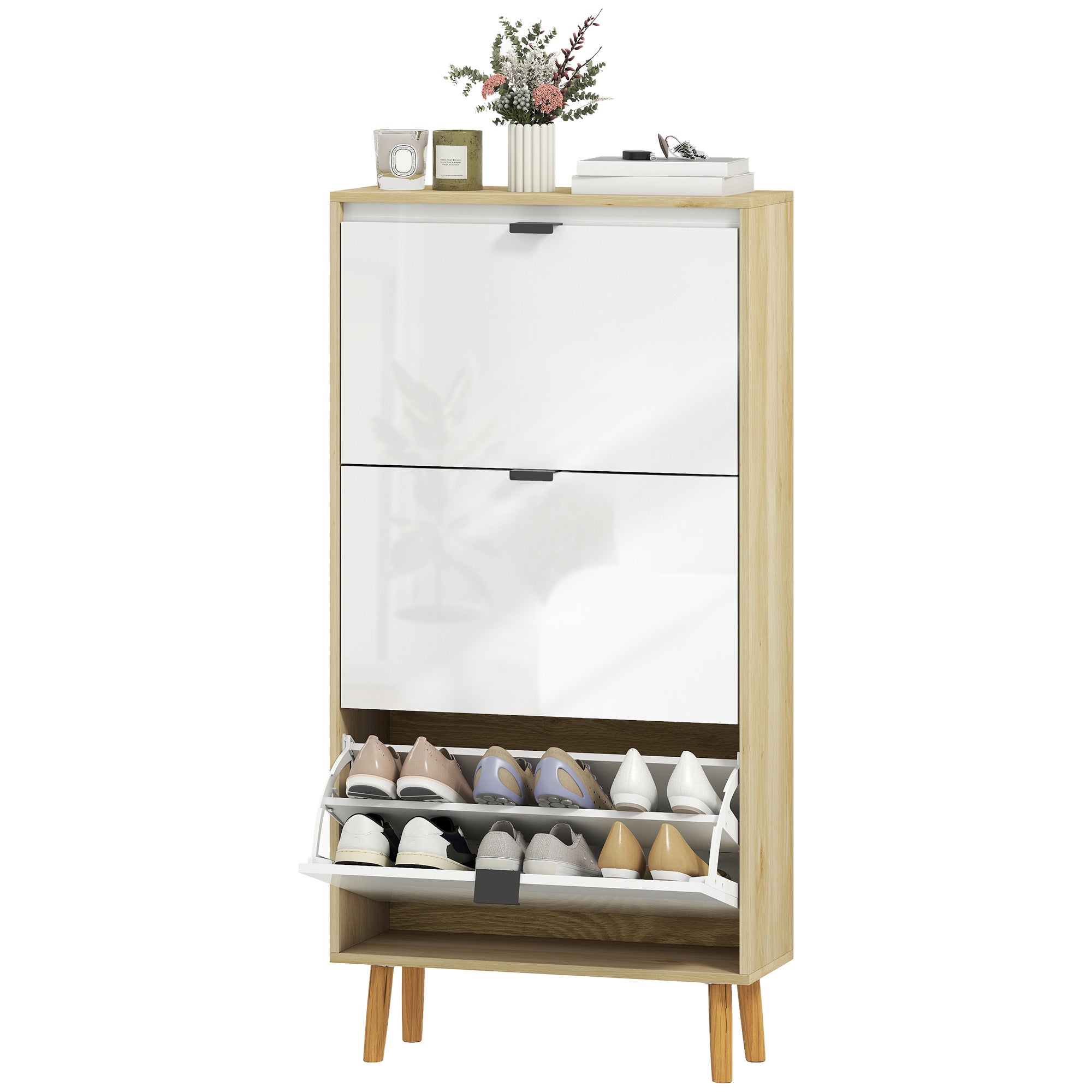Meuble à chaussures 18 paires, porte haute brillante, armoire à chaussures étroite avec 3 tiroirs rabattables et étagères réglables, style moderne, pour couloir, entrée, 60x24x127cm, blanc