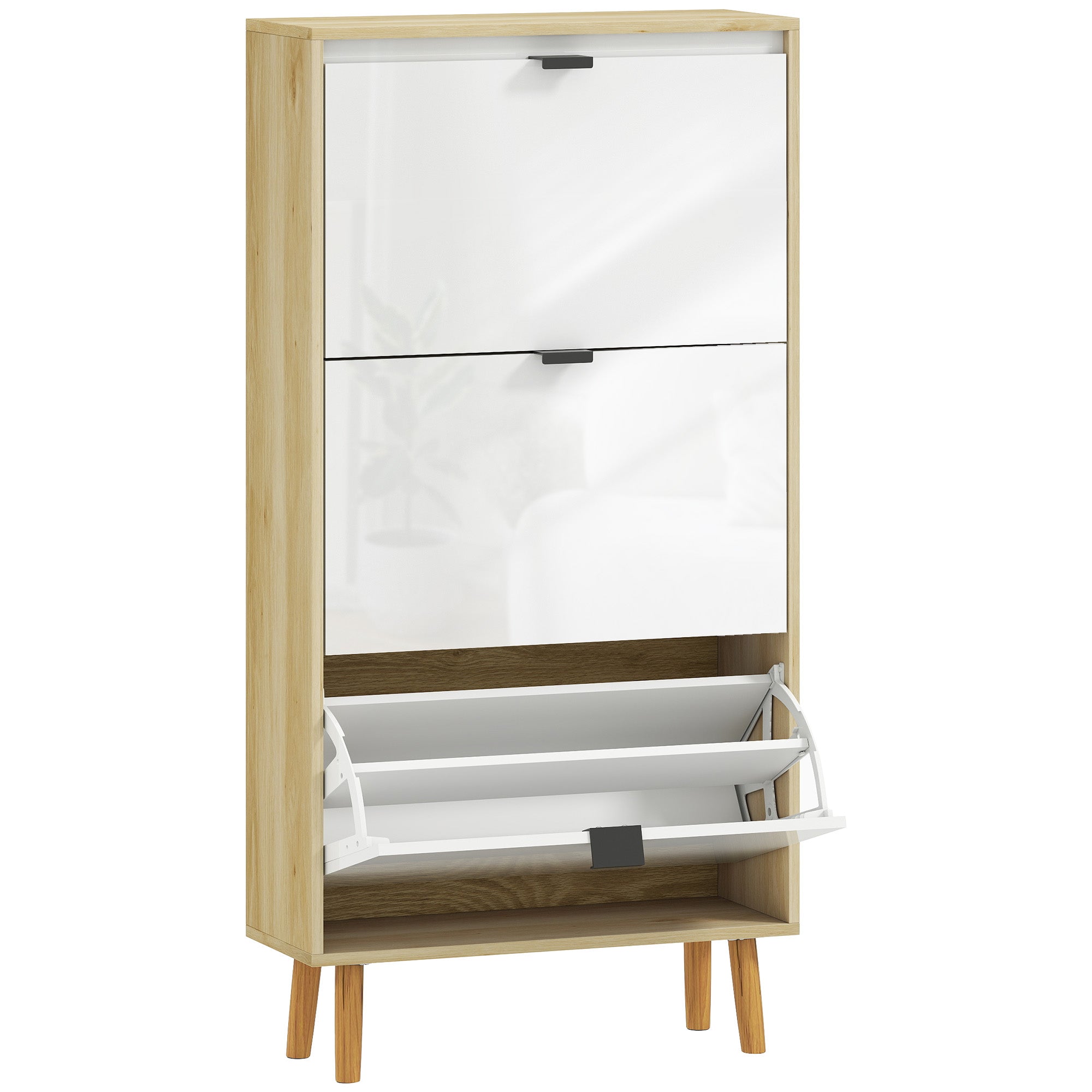 Meuble à chaussures 18 paires, porte haute brillante, armoire à chaussures étroite avec 3 tiroirs rabattables et étagères réglables, style moderne, pour couloir, entrée, 60x24x127cm, blanc