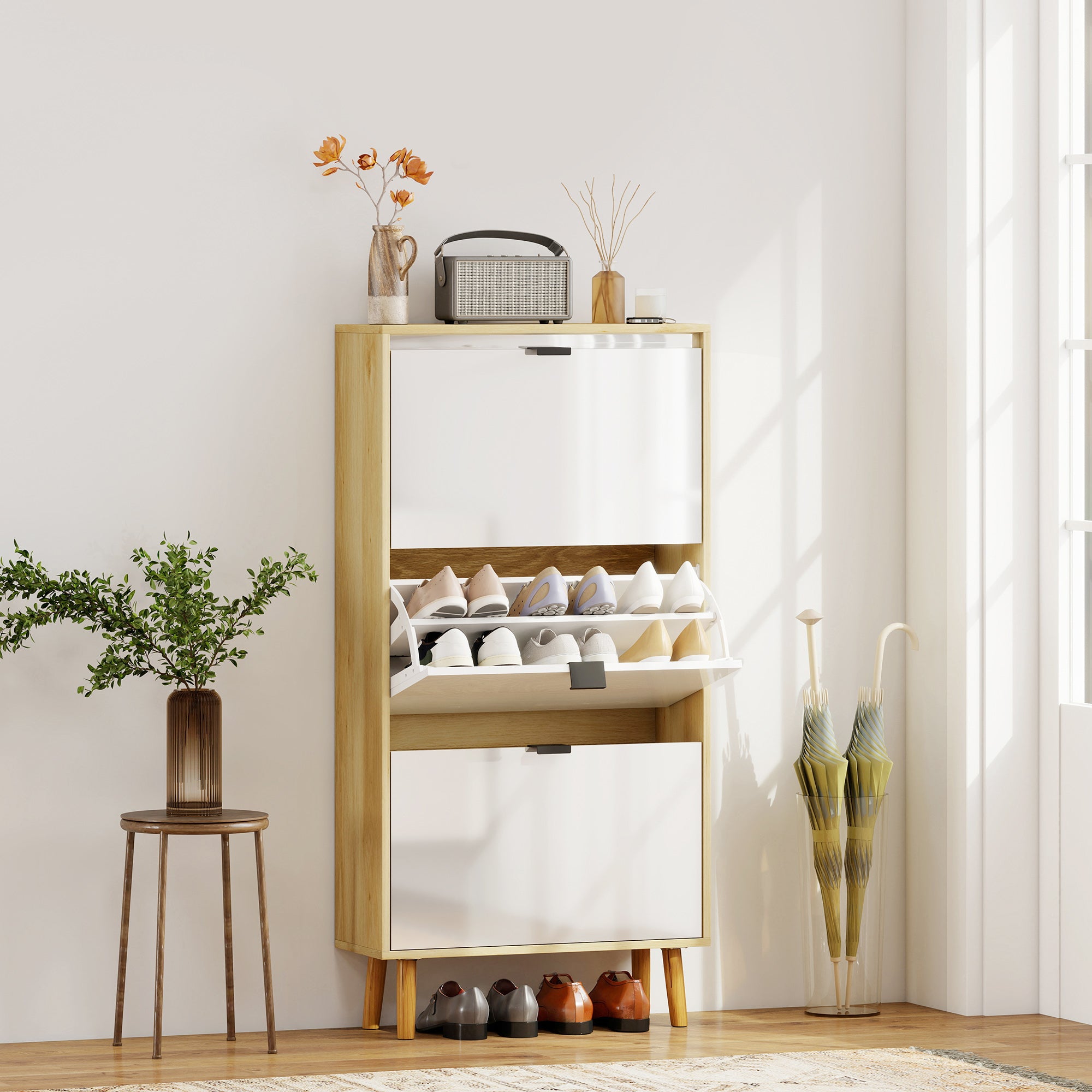 Meuble à chaussures 18 paires, porte haute brillante, armoire à chaussures étroite avec 3 tiroirs rabattables et étagères réglables, style moderne, pour couloir, entrée, 60x24x127cm, blanc