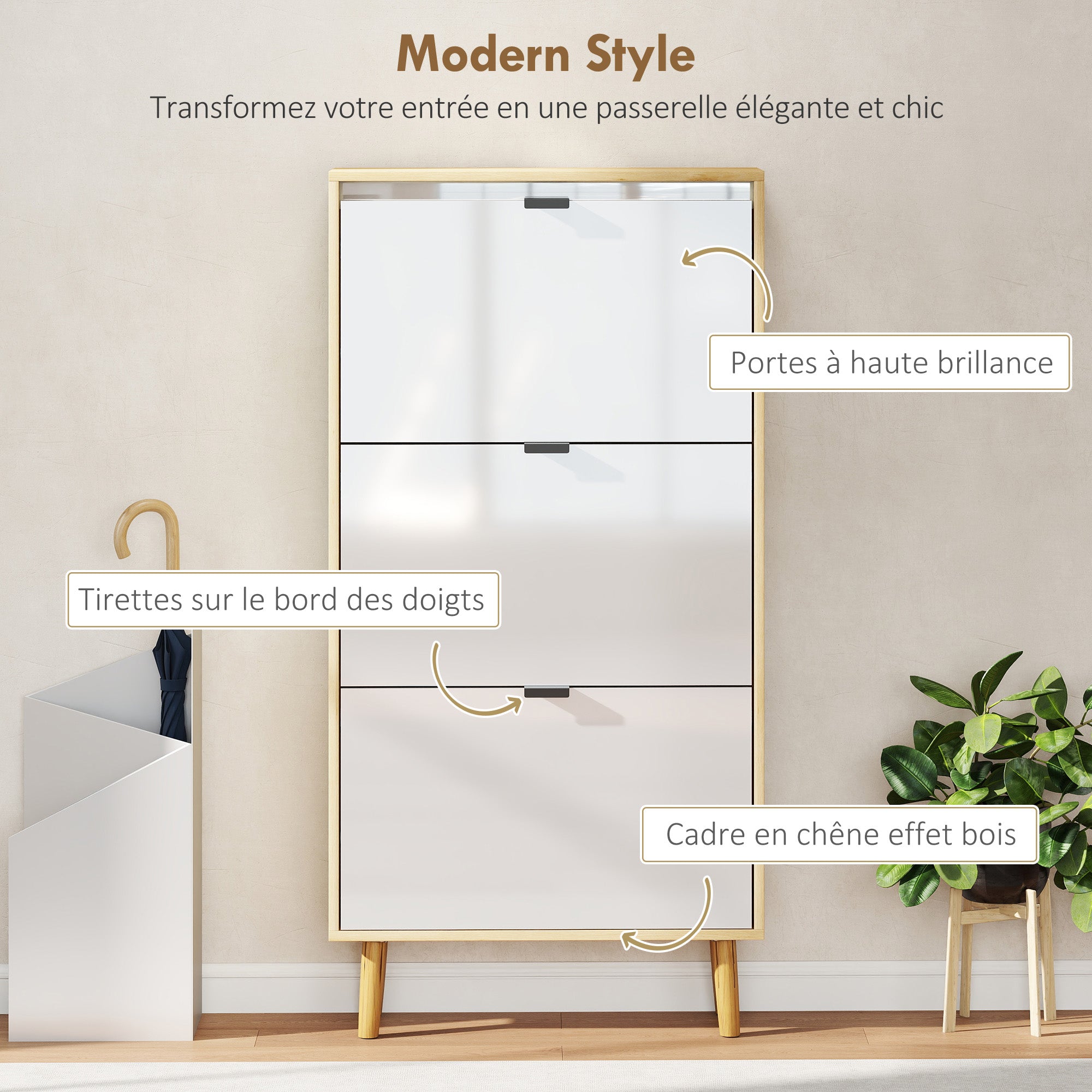 Meuble à chaussures 18 paires, porte haute brillante, armoire à chaussures étroite avec 3 tiroirs rabattables et étagères réglables, style moderne, pour couloir, entrée, 60x24x127cm, blanc