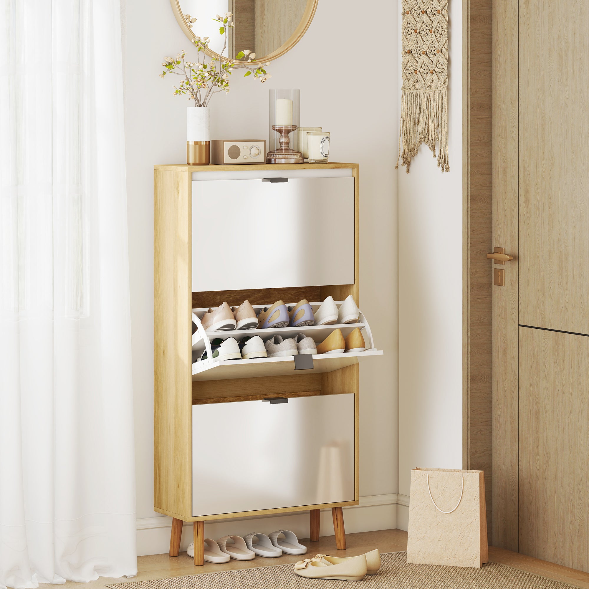 Meuble à chaussures 18 paires, porte haute brillante, armoire à chaussures étroite avec 3 tiroirs rabattables et étagères réglables, style moderne, pour couloir, entrée, 60x24x127cm, blanc