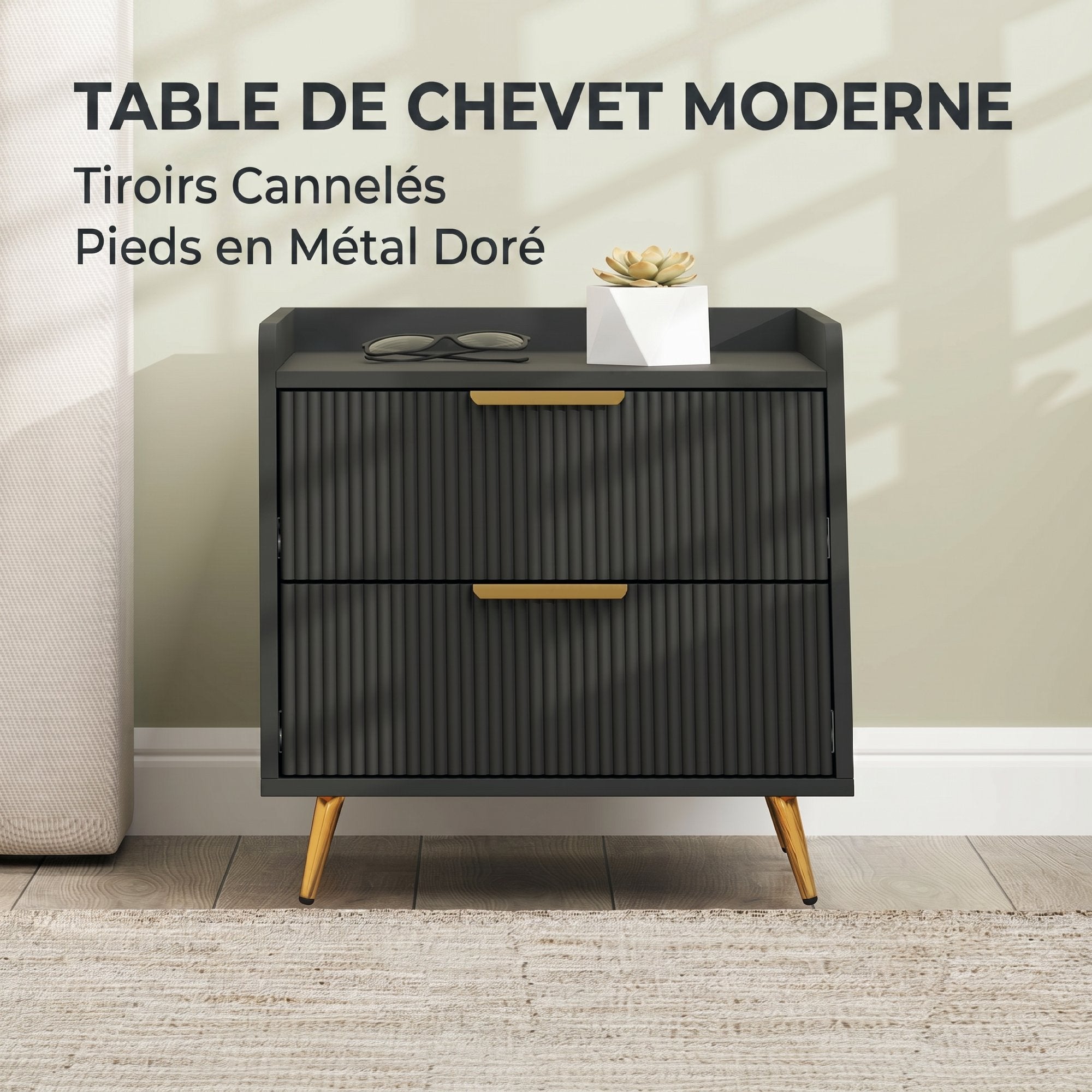 Table de chevet, table de nuit avec 2 tiroirs rainurés, pieds en métal dorés, chevet de lit pour chambre à coucher, salon, 50 x 40 x 50 cm, noir