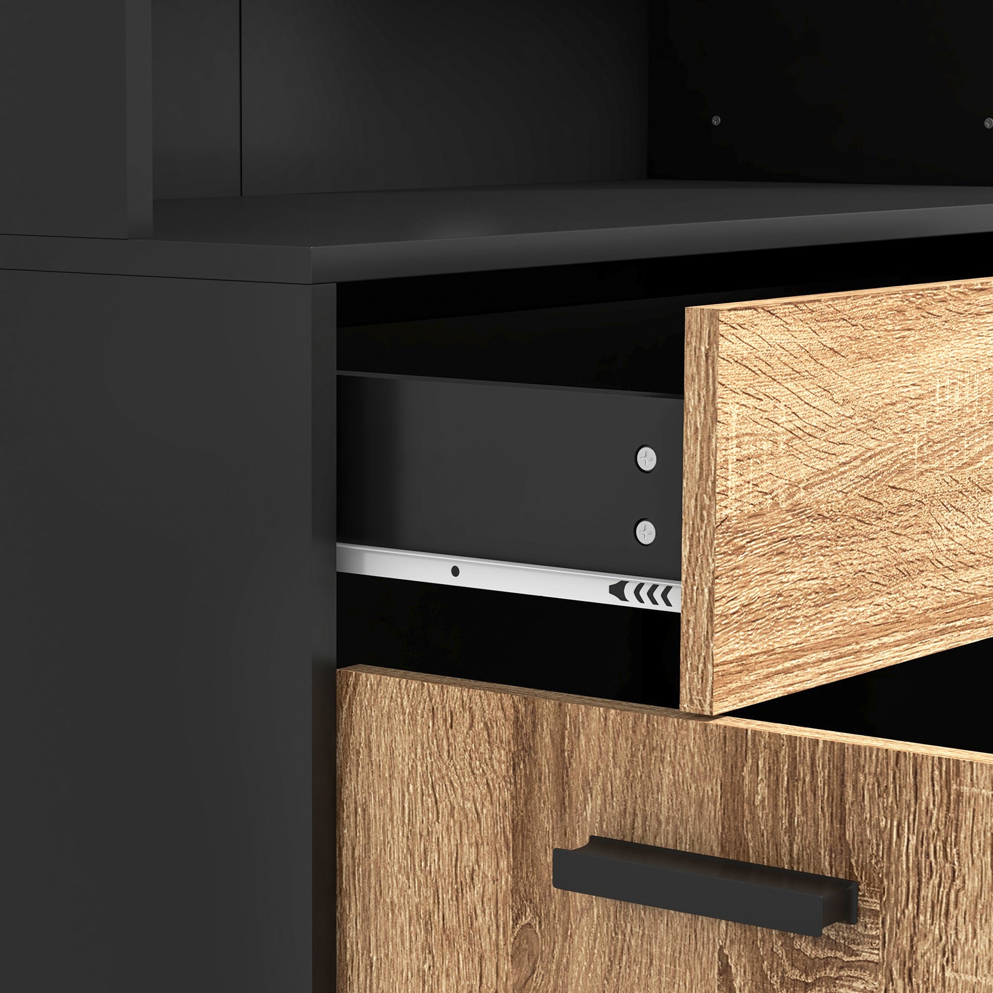 Armoire de cuisine, buffet de cuisine, meuble de rangement, 2 placards, 4 portes, 1 tiroir, passe-câbles, design industriel, 80 x 40 x 180 cm, noir et naturel