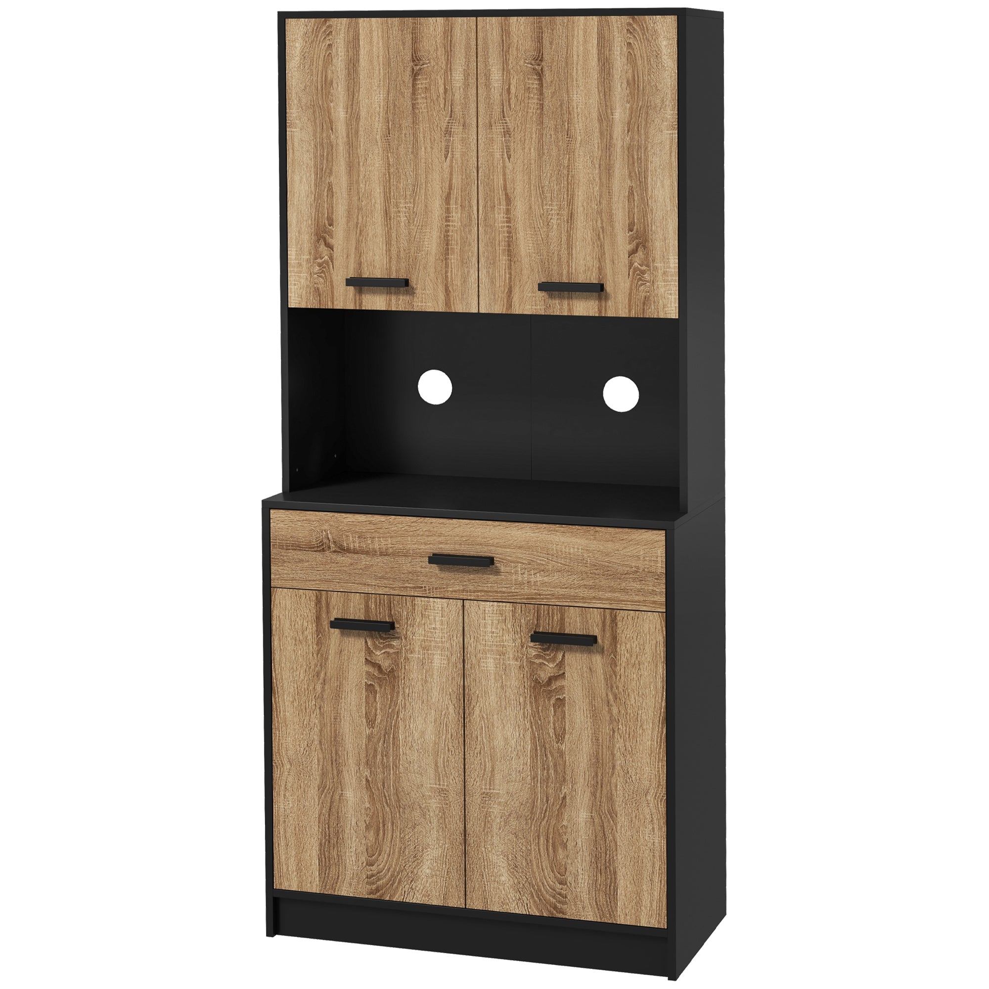 Armoire de cuisine, buffet de cuisine, meuble de rangement, 2 placards, 4 portes, 1 tiroir, passe-câbles, design industriel, 80 x 40 x 180 cm, noir et naturel