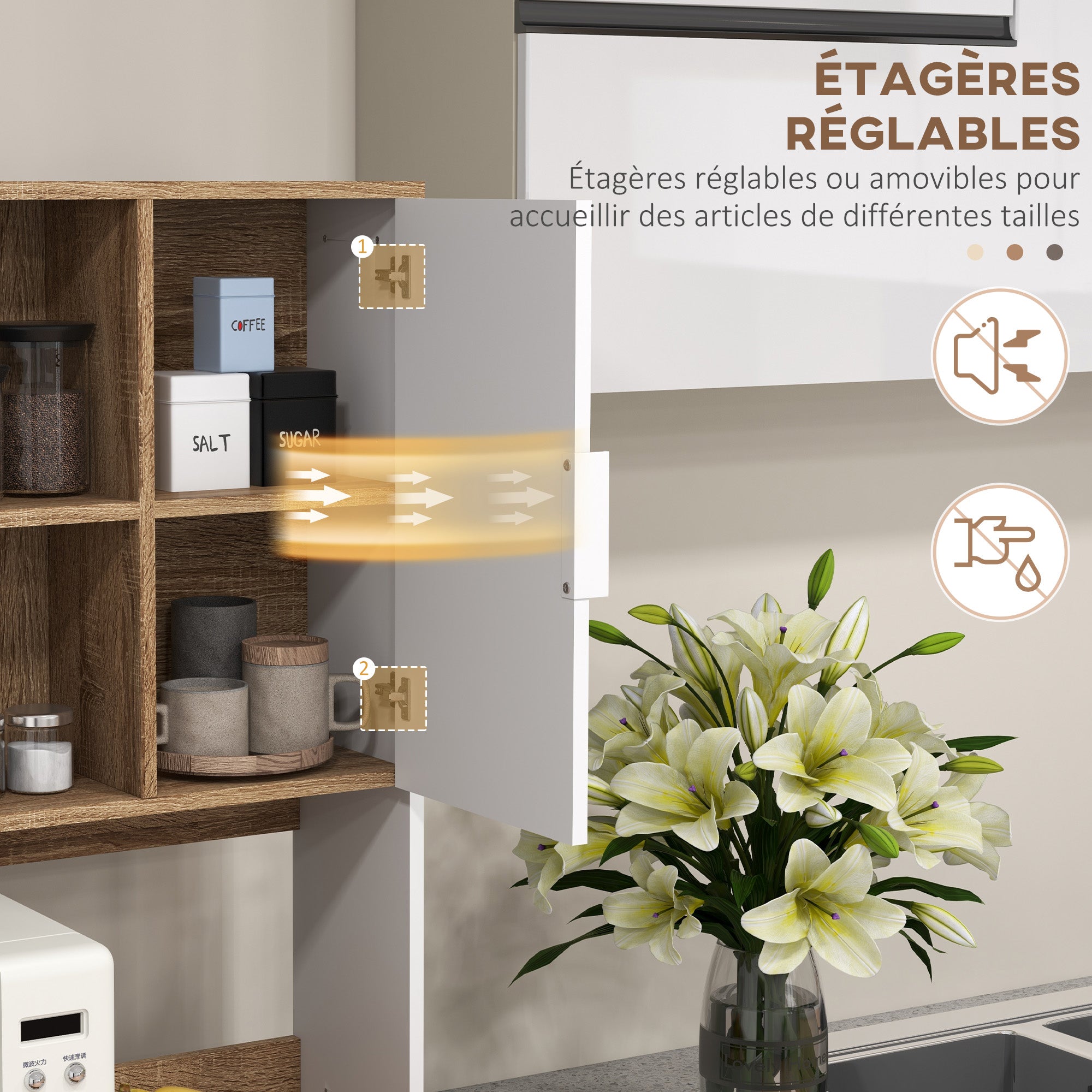 Armoire de cuisine, buffet de cuisine, meuble de rangement, 2 placards, 4 portes, 1 tiroir, passe-câbles, design industriel, 80 x 40 x 180 cm, noir et naturel