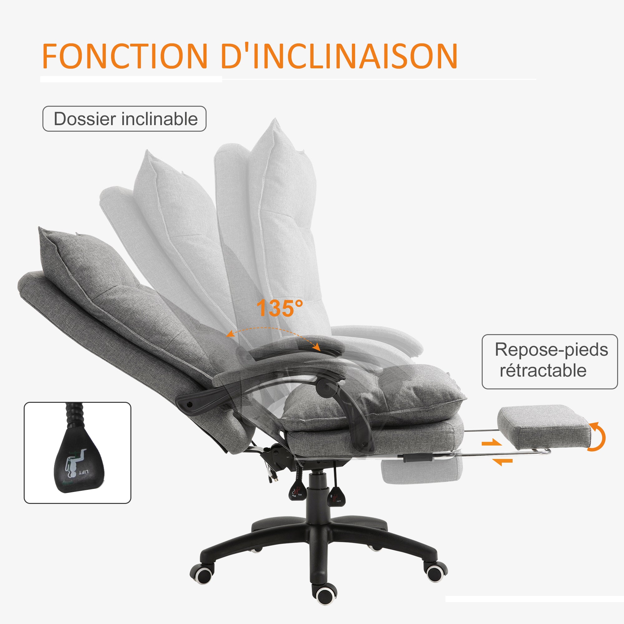 Fauteuil de bureau massant, chaise de bureau, chaise ergonomique avec hauteur réglable, dossier inclinable, repose-pied intégré et télécommande filaire, pivotant à 360°, toile de lin gris