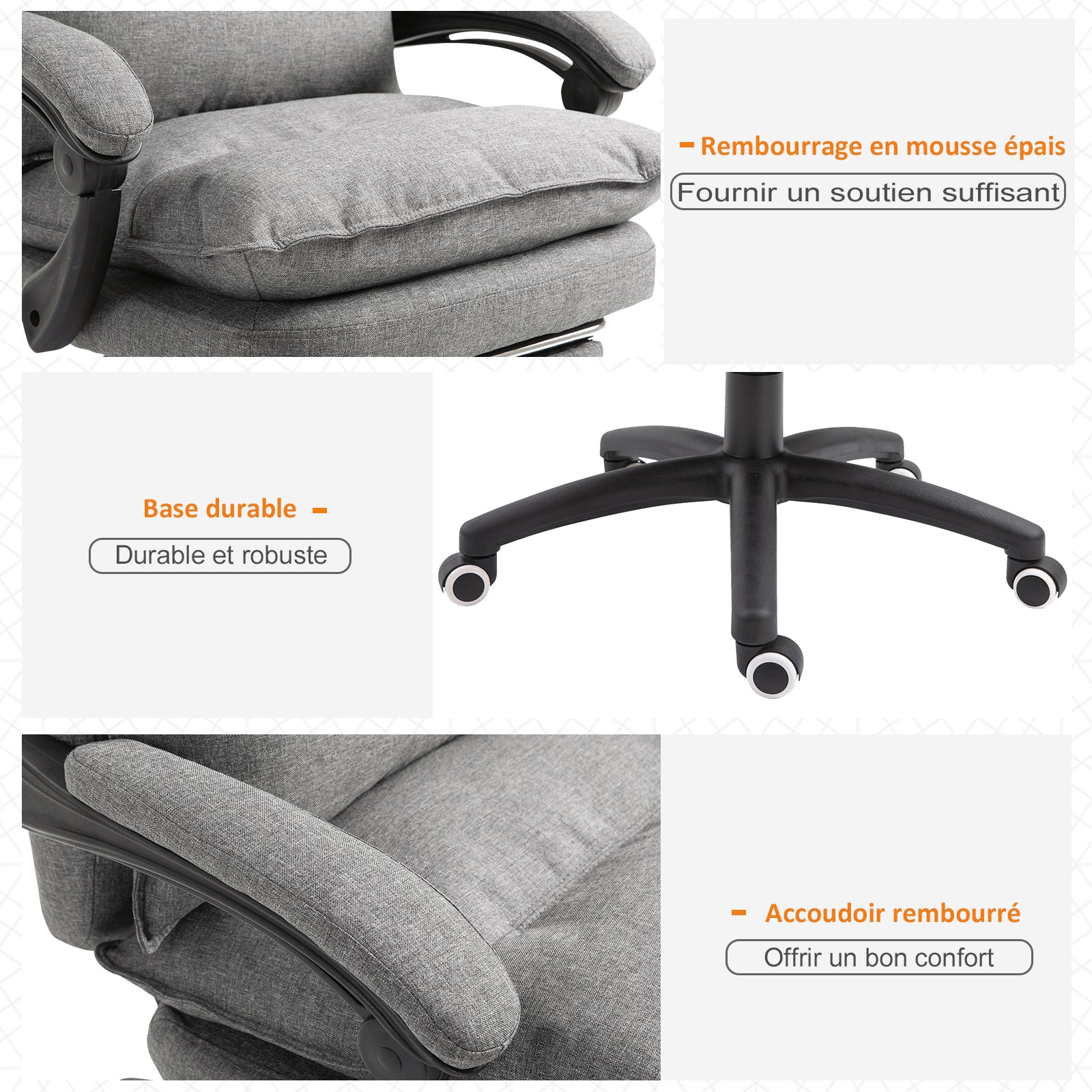Fauteuil de bureau massant, chaise de bureau, chaise ergonomique avec hauteur réglable, dossier inclinable, repose-pied intégré et télécommande filaire, pivotant à 360°, toile de lin gris