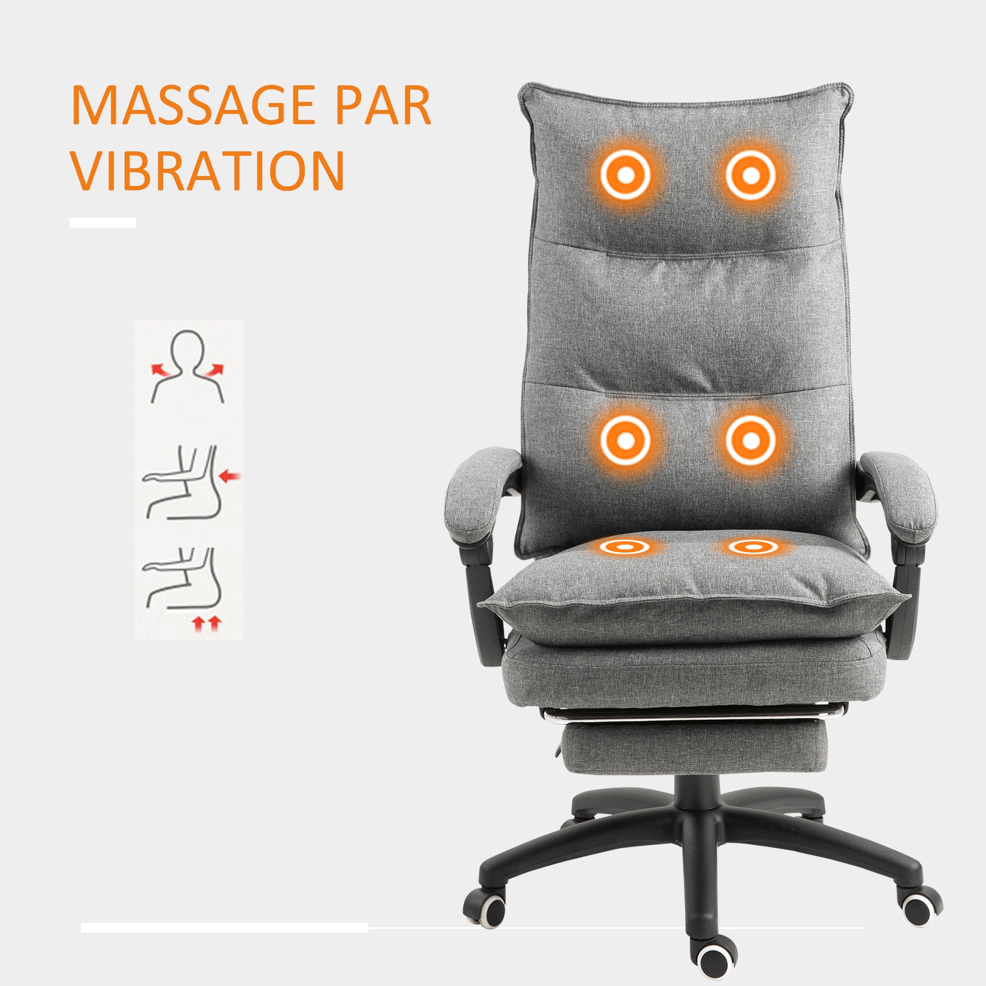 Fauteuil de bureau massant, chaise de bureau, chaise ergonomique avec hauteur réglable, dossier inclinable, repose-pied intégré et télécommande filaire, pivotant à 360°, toile de lin gris