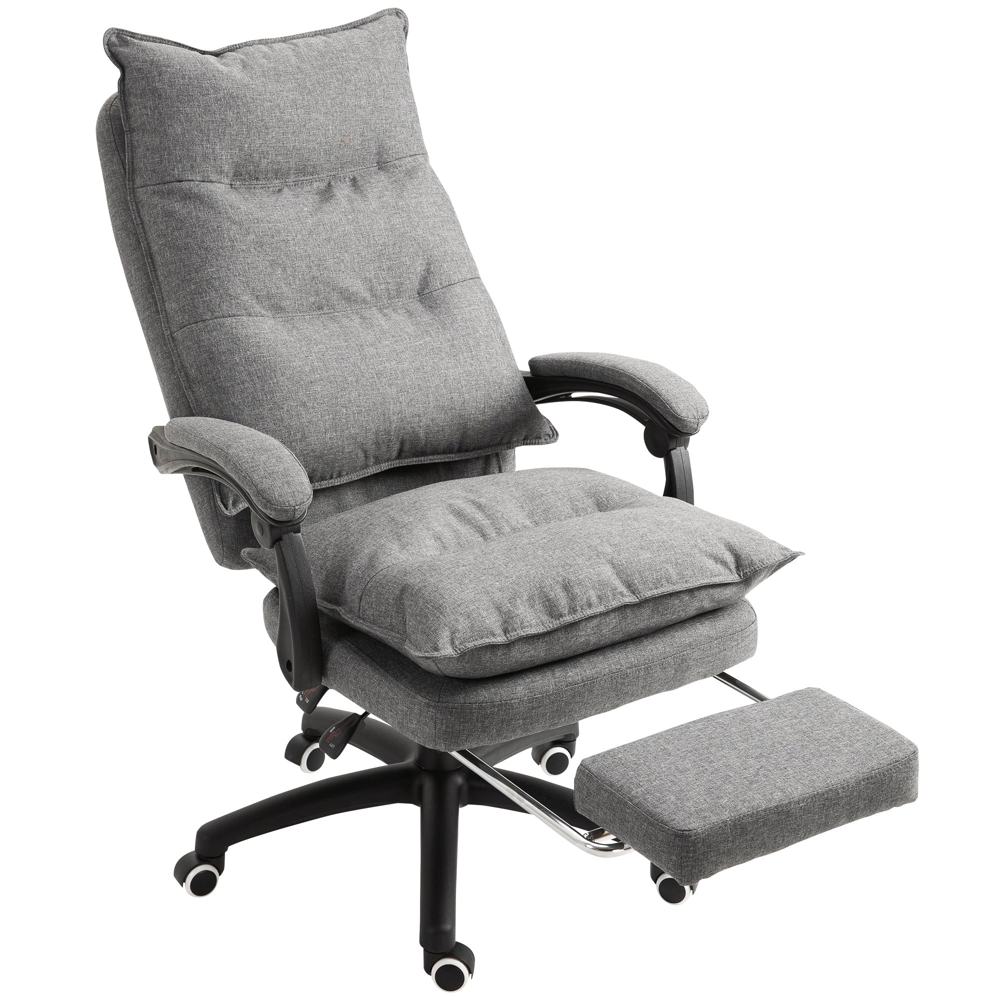 Fauteuil de bureau massant, chaise de bureau, chaise ergonomique avec hauteur réglable, dossier inclinable, repose-pied intégré et télécommande filaire, pivotant à 360°, toile de lin gris