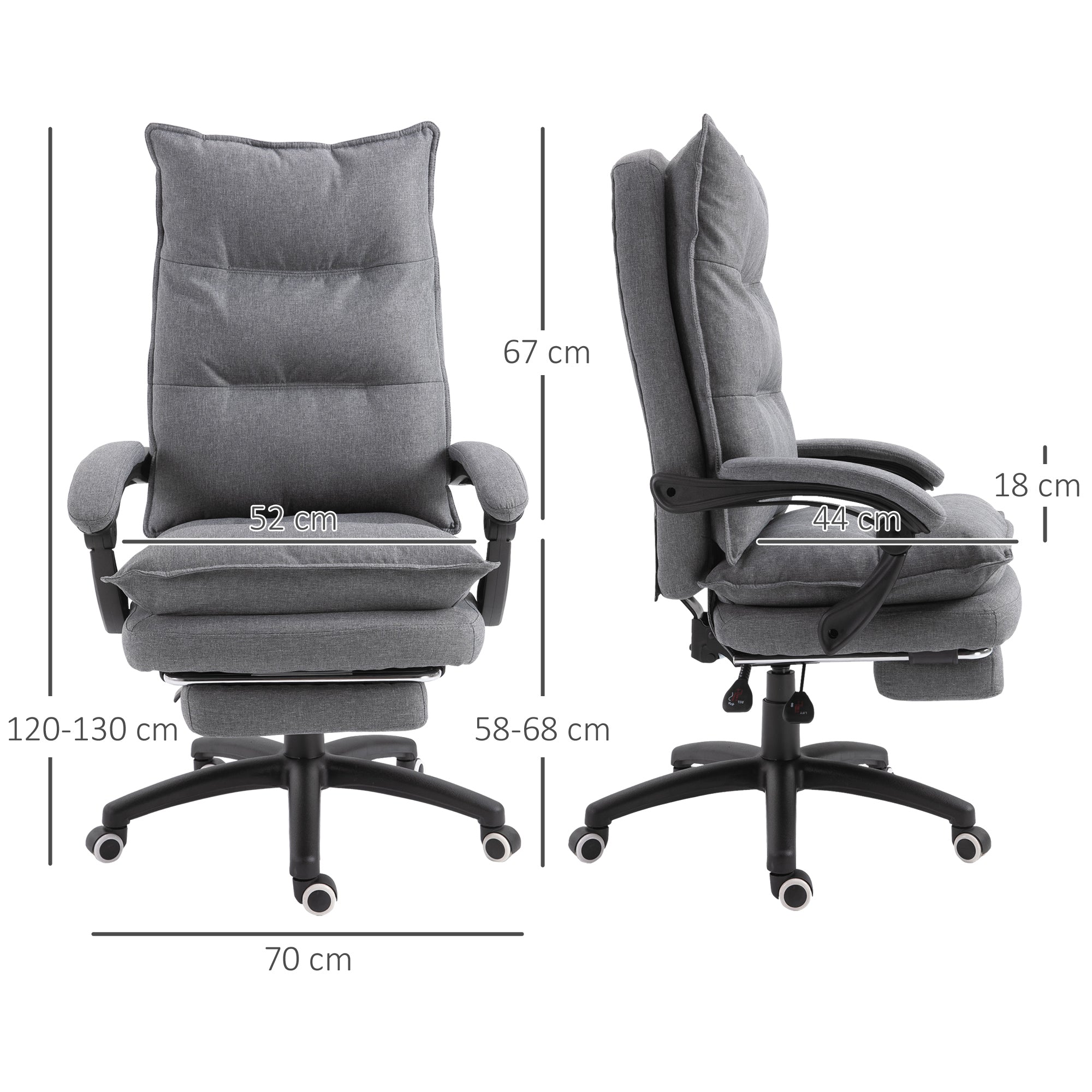 Fauteuil de bureau massant, chaise de bureau, chaise ergonomique avec hauteur réglable, dossier inclinable, repose-pied intégré et télécommande filaire, pivotant à 360°, toile de lin gris