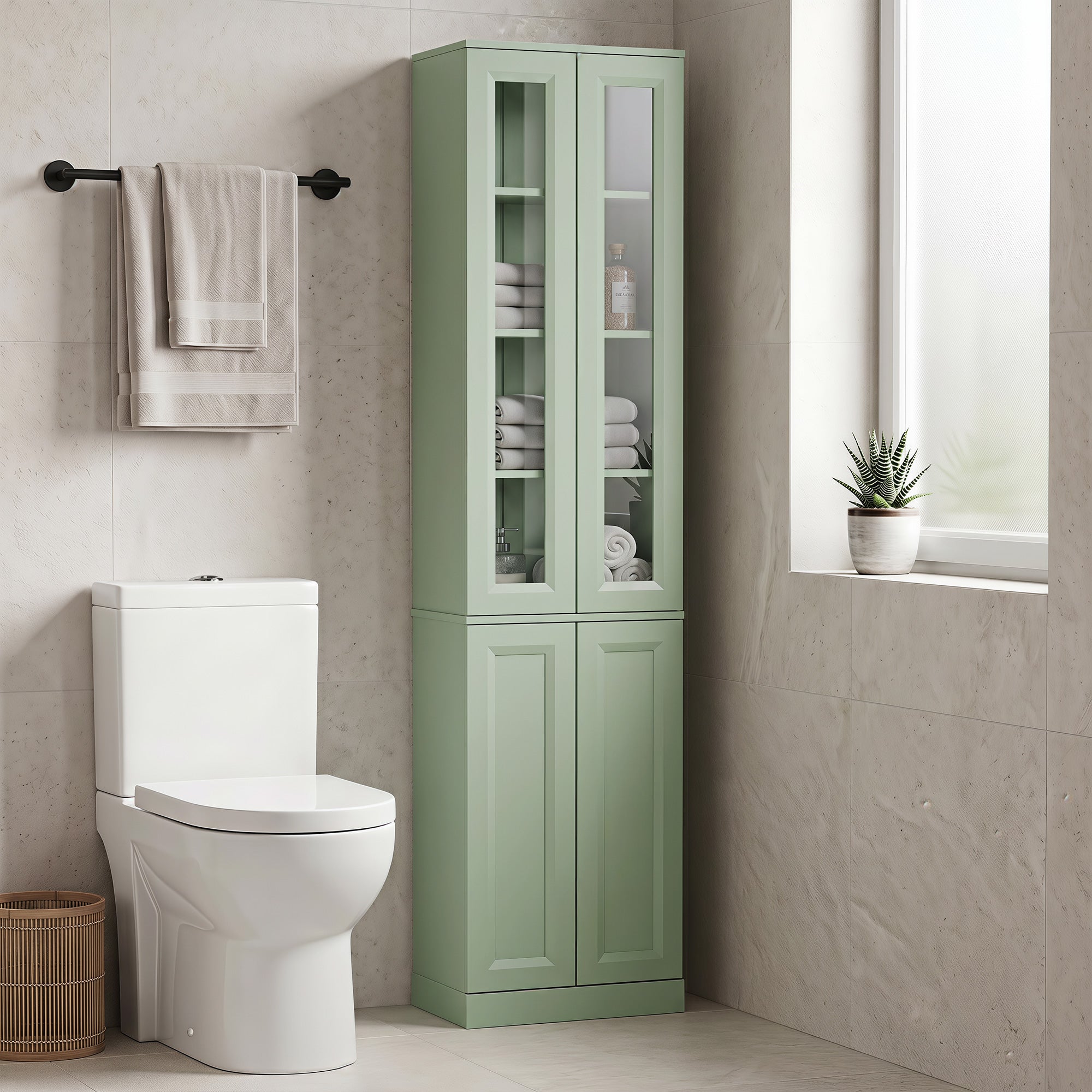 Meuble de Salle de Bain 6 niveaux, Meuble de Rangement, Colonne Salle de Bain, 4 Portes à Fermeture Douce dont 2 Acrylique, Étagères Réglables, pour Salon, Chambre, Buanderie, 38x26x160cm, Vert