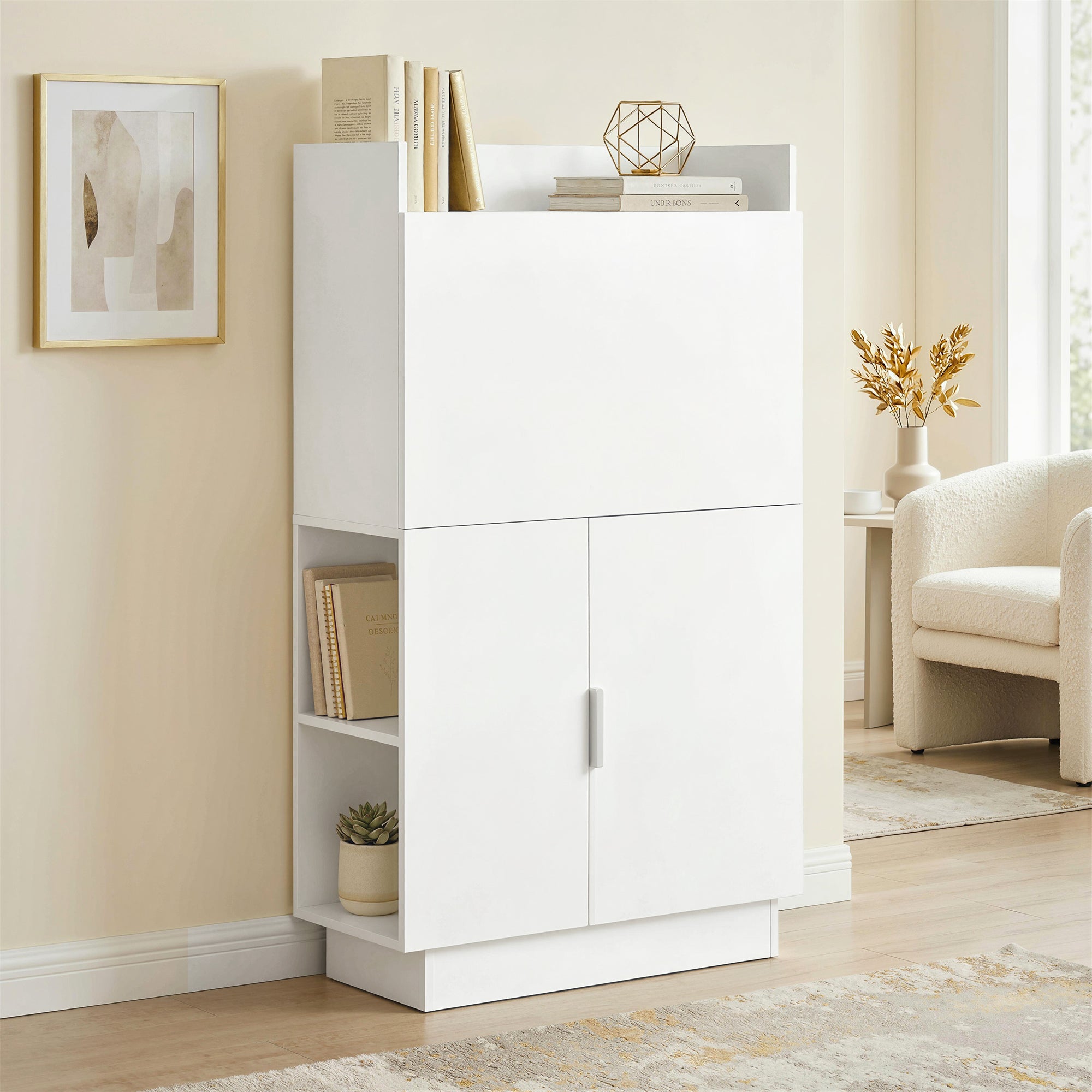Bureau Pliant, Bureau Informatique avec Plateau Rabattable, Étagères de Rangement et Placard, Style Moderne, 80 x 30 x 128 cm, Blanc