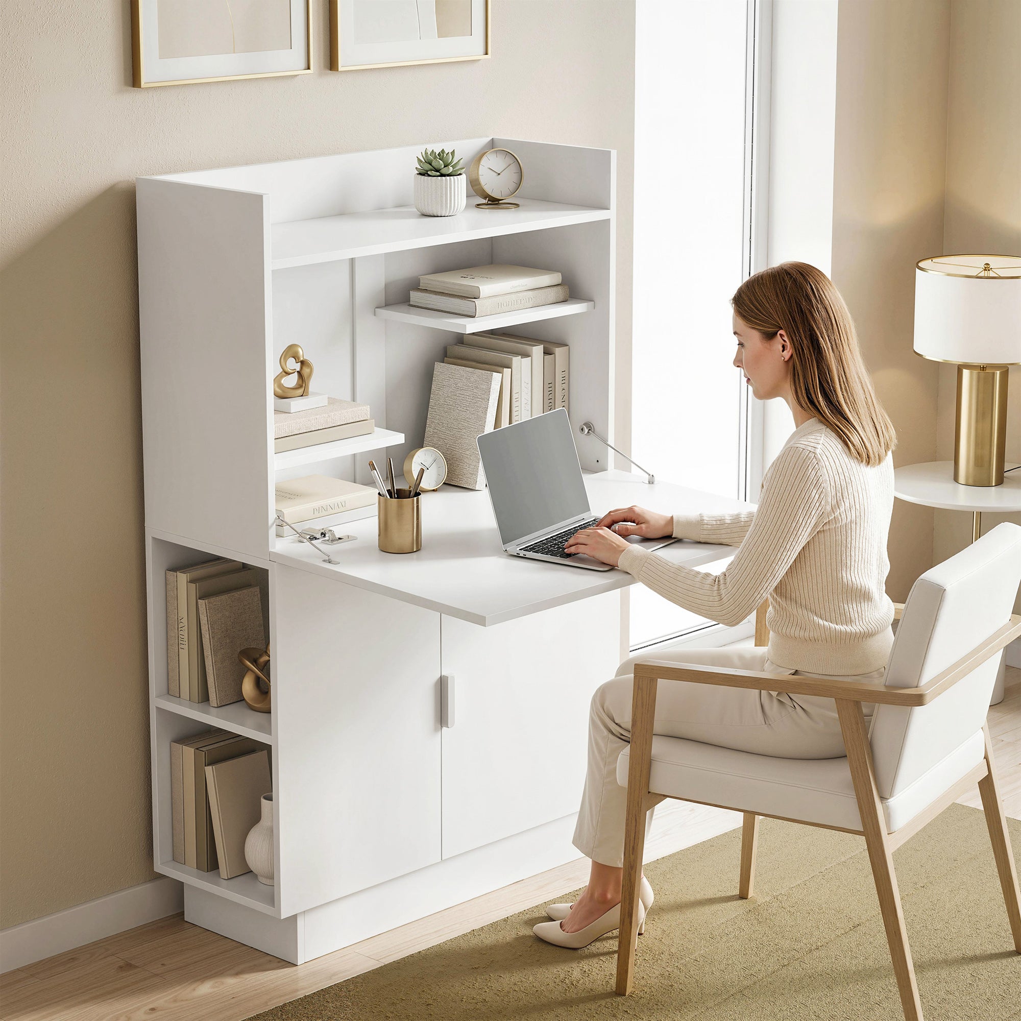 Bureau Pliant, Bureau Informatique avec Plateau Rabattable, Étagères de Rangement et Placard, Style Moderne, 80 x 30 x 128 cm, Blanc
