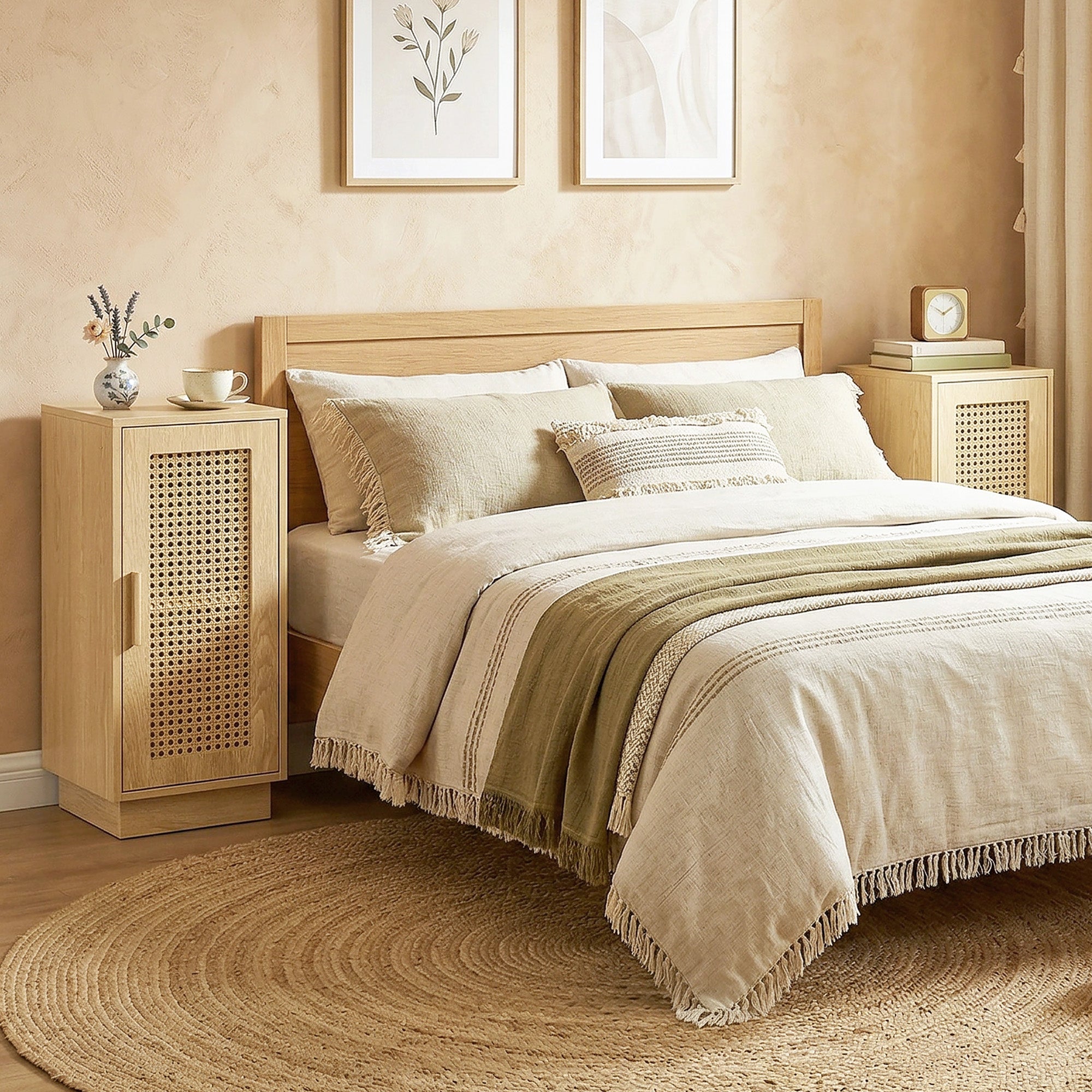 Lot de 2 Tables de Chevet, Tables de Nuit avec Étagère Réglable et Porte en Résine Tressée, Style Bohème, pour Chambre à Coucher, Salon, Bois Naturel