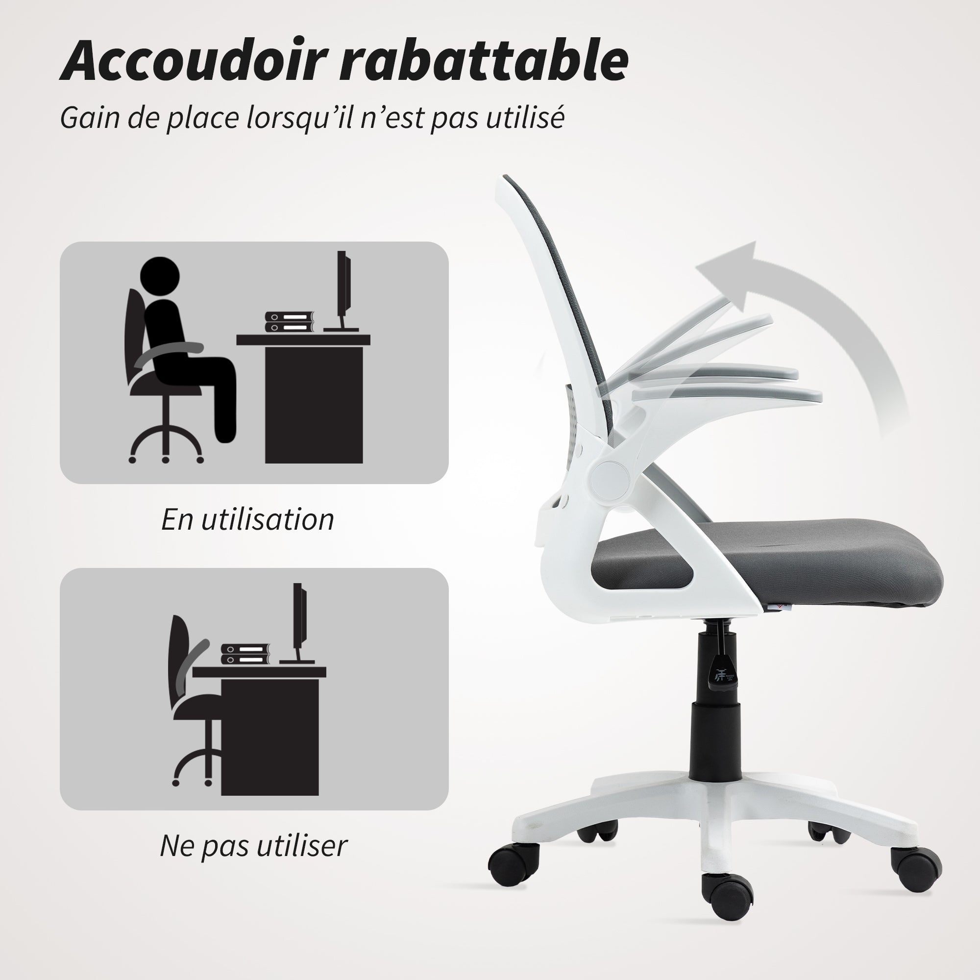 Chaise bureau ergonomique, fauteuil de bureau en maille avec accoudoirs relevables, hauteur réglable, soutien lombaire et pivotant à 360°, 57,5 x 60 x 101 cm, gris