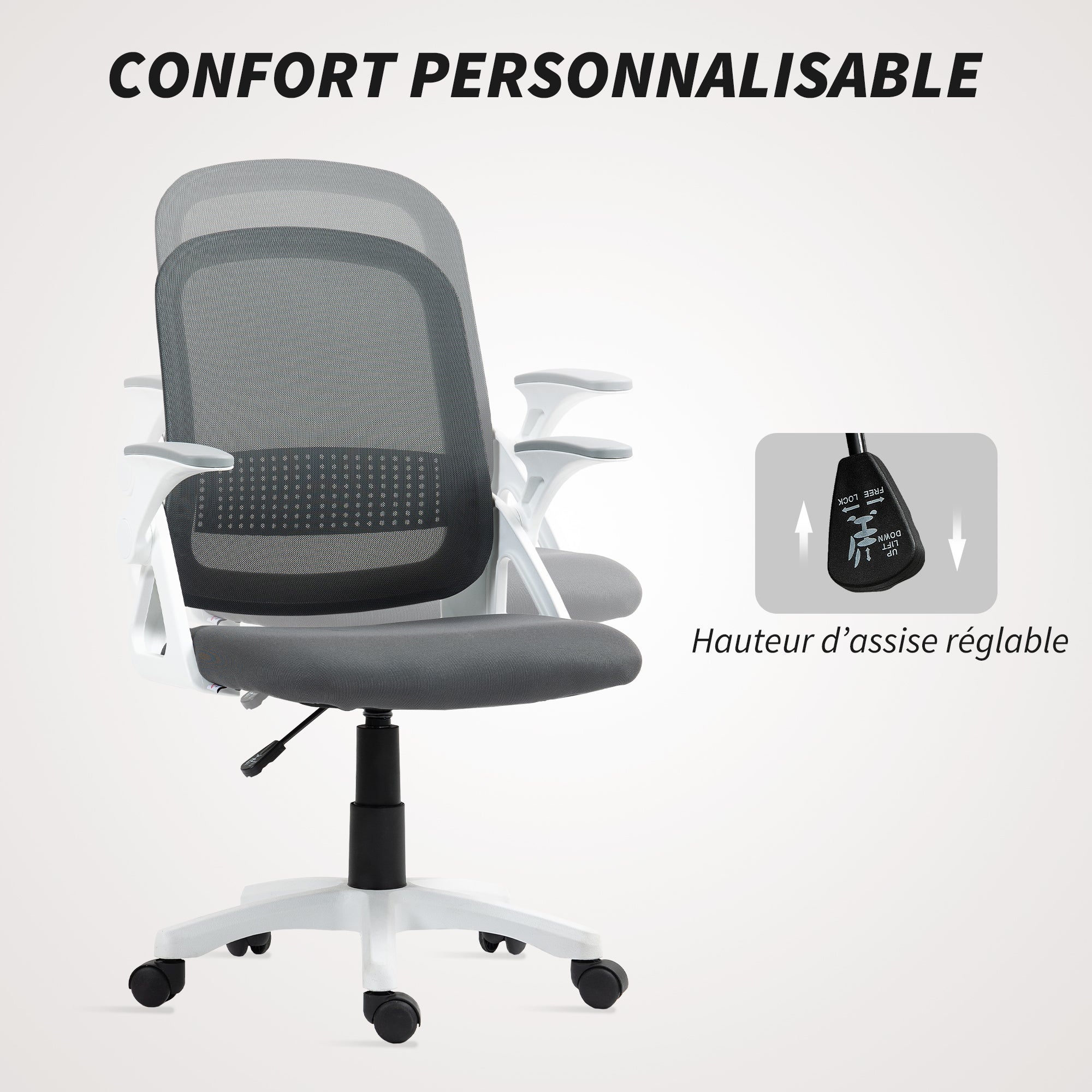 Chaise bureau ergonomique, fauteuil de bureau en maille avec accoudoirs relevables, hauteur réglable, soutien lombaire et pivotant à 360°, 57,5 x 60 x 101 cm, gris