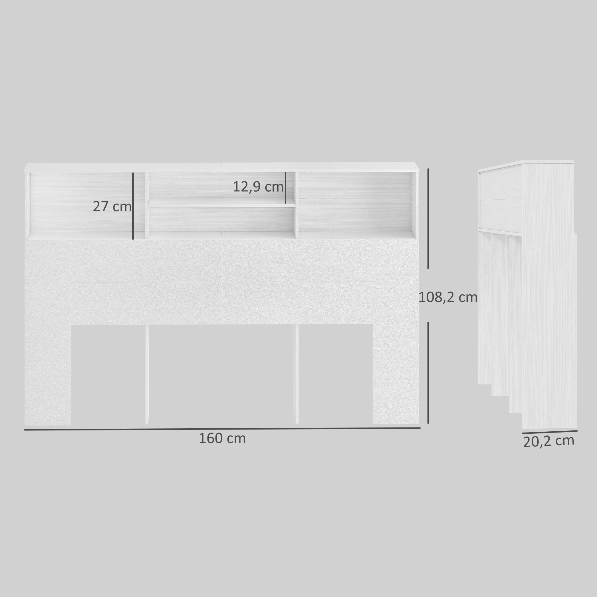 Tête de lit sur pied 160 cm avec rangements, accessoire de lit moderne avec 4 compartiments ouverts pour chambre, 160 x 20,2 x 108,2 cm, blanc