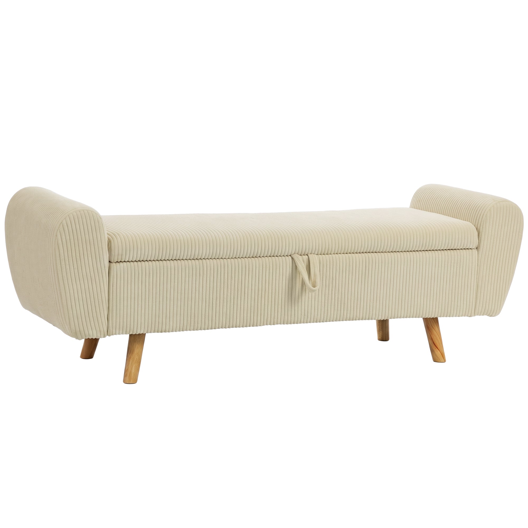 Banc de rangement 73 L, bout de lit, coffre de rangement rembourré en velours côtelé avec accoudoirs et pieds en bois d'hévéa, pour salon, chambre, entrée, 150 x 45 x 51 cm, beige