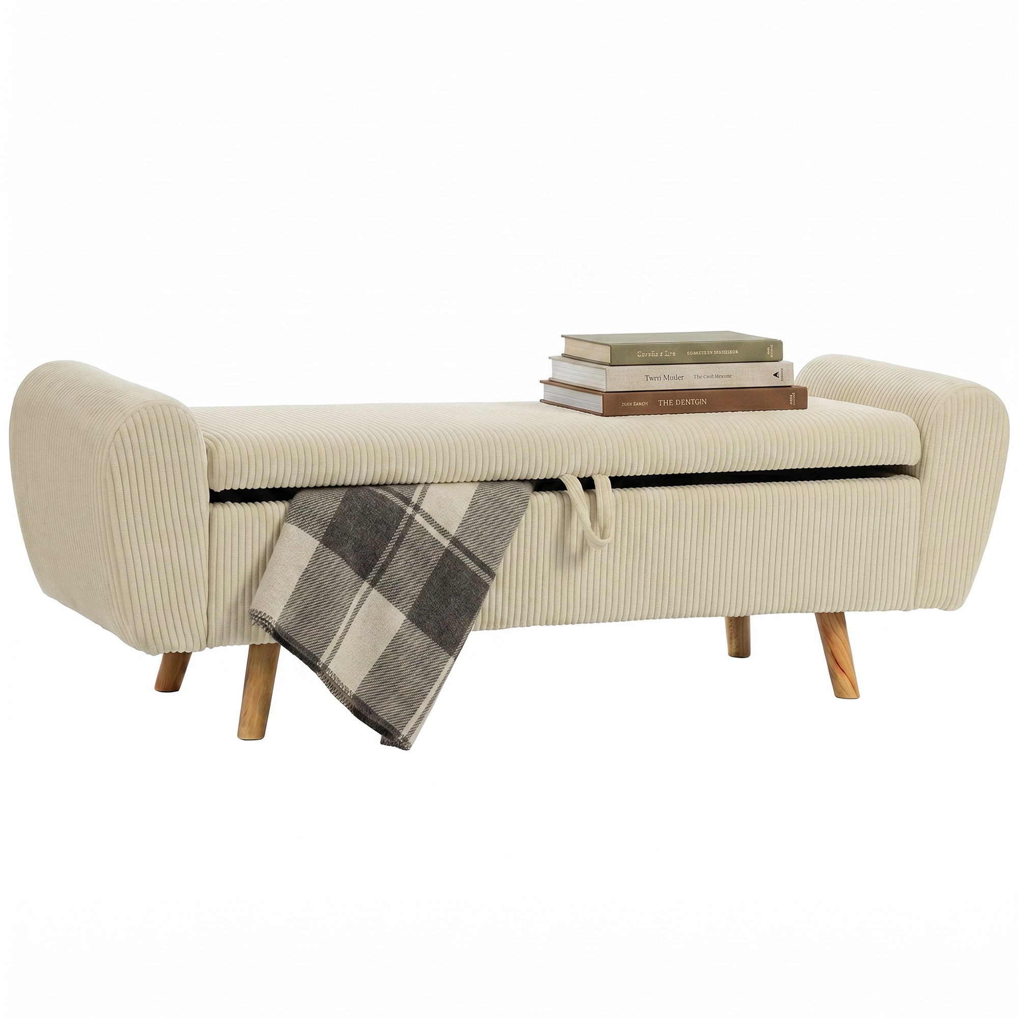 Banc de rangement 73 L, bout de lit, coffre de rangement rembourré en velours côtelé avec accoudoirs et pieds en bois d'hévéa, pour salon, chambre, entrée, 150 x 45 x 51 cm, beige