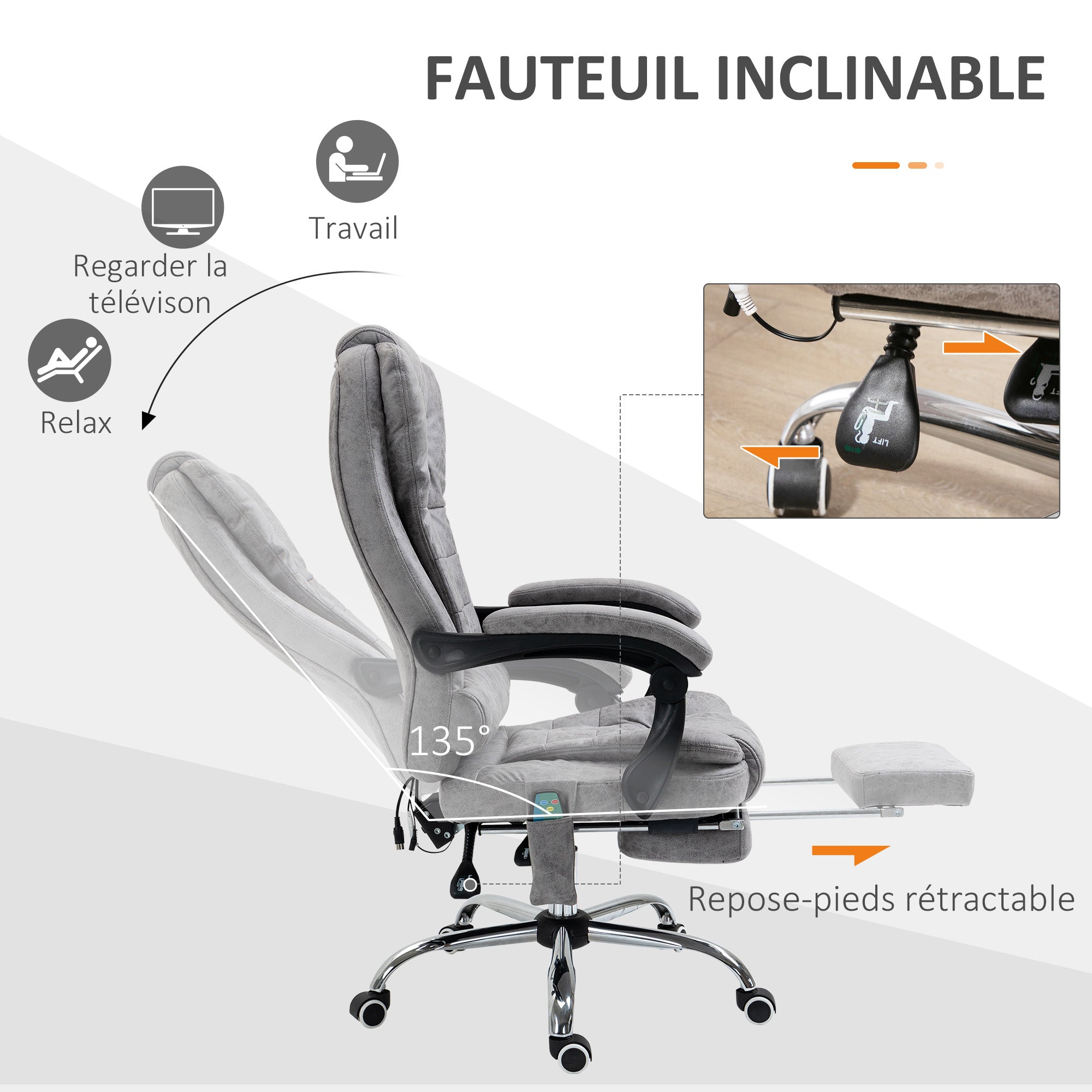 Fauteuil de bureau massant et chauffant, chaise de bureau ergonomique hauteur réglable, dossier inclinable, repose-pieds, télécommande filaire, pivotant 360°, tissu en microfibre, gris